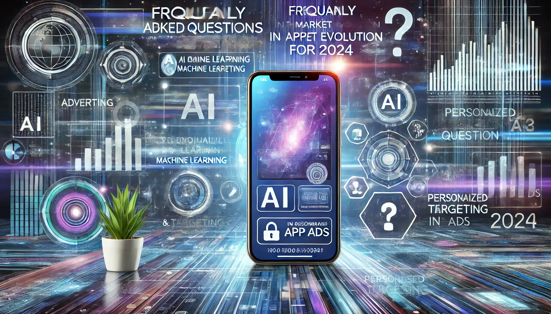 A mobile device displaying a dynamic ad surrounded by digital elements representing advertising trends like AI and machine learning.