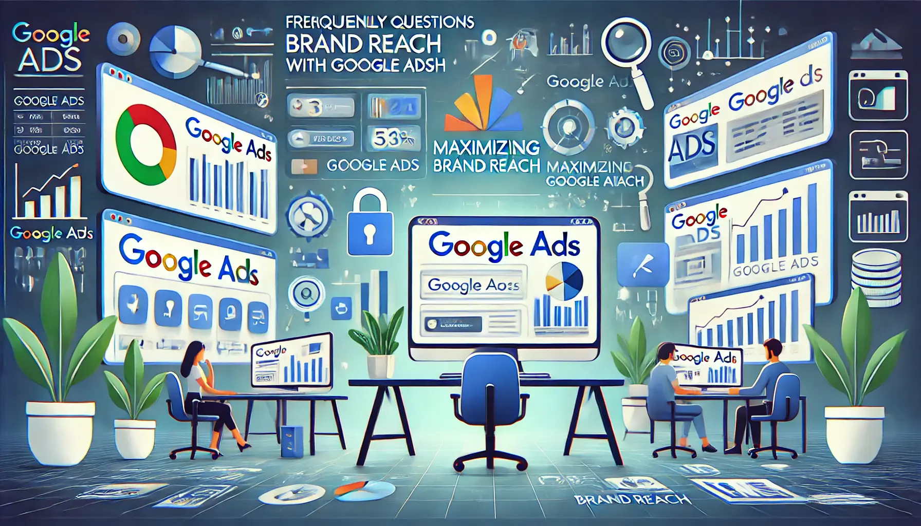 Digital workspace with multiple screens showing Google Ads tools, metrics, and audience targeting options, symbolizing FAQs on brand reach.