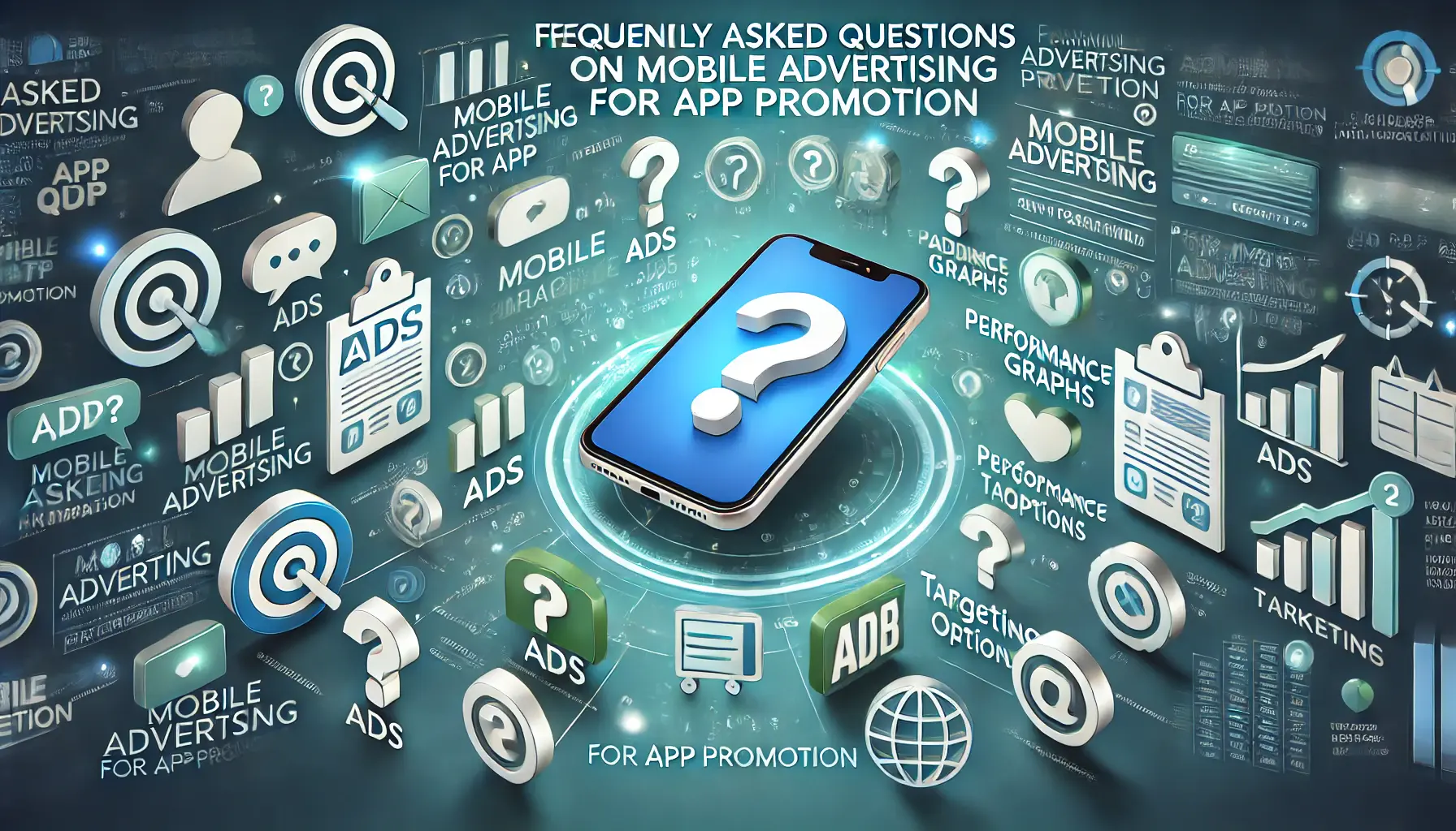 A smartphone surrounded by digital elements such as question marks, app icons, and marketing tools like ads, performance graphs, and targeting options, symbolizing frequently asked questions in mobile advertising.