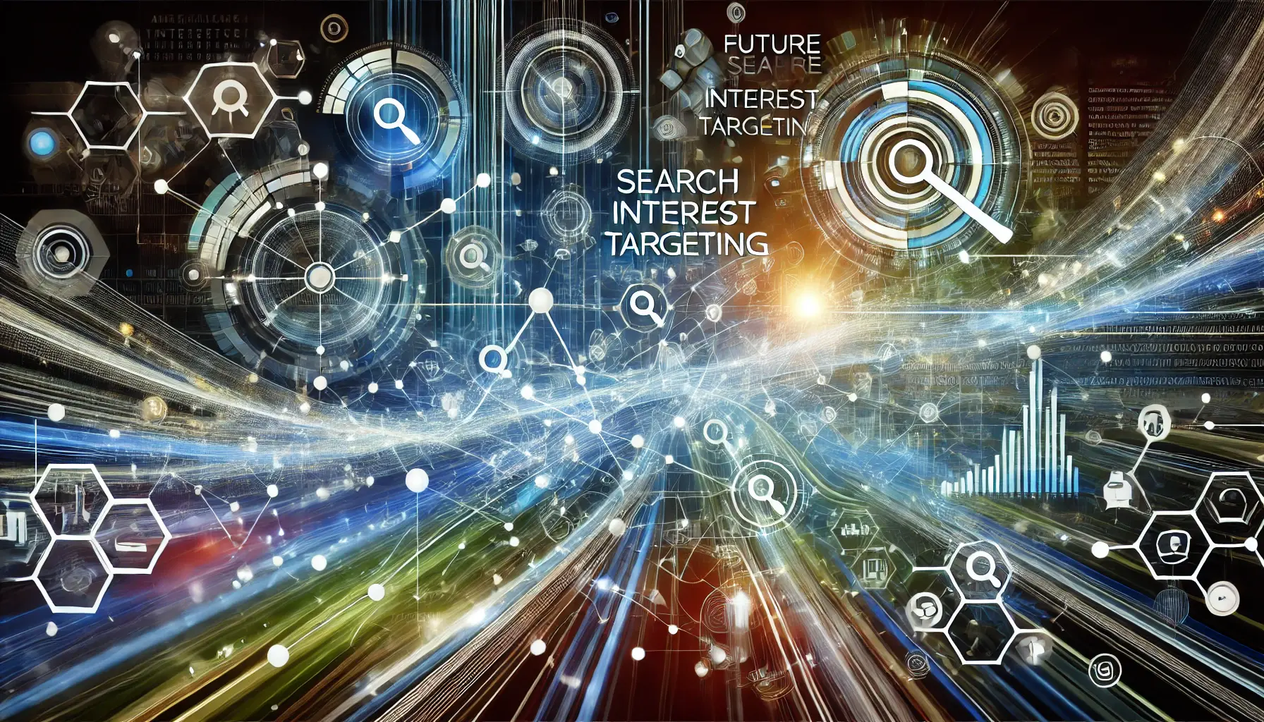 Abstract image representing the future of search interest targeting with a glowing digital network, advanced algorithms, and icons for AI and machine learning.