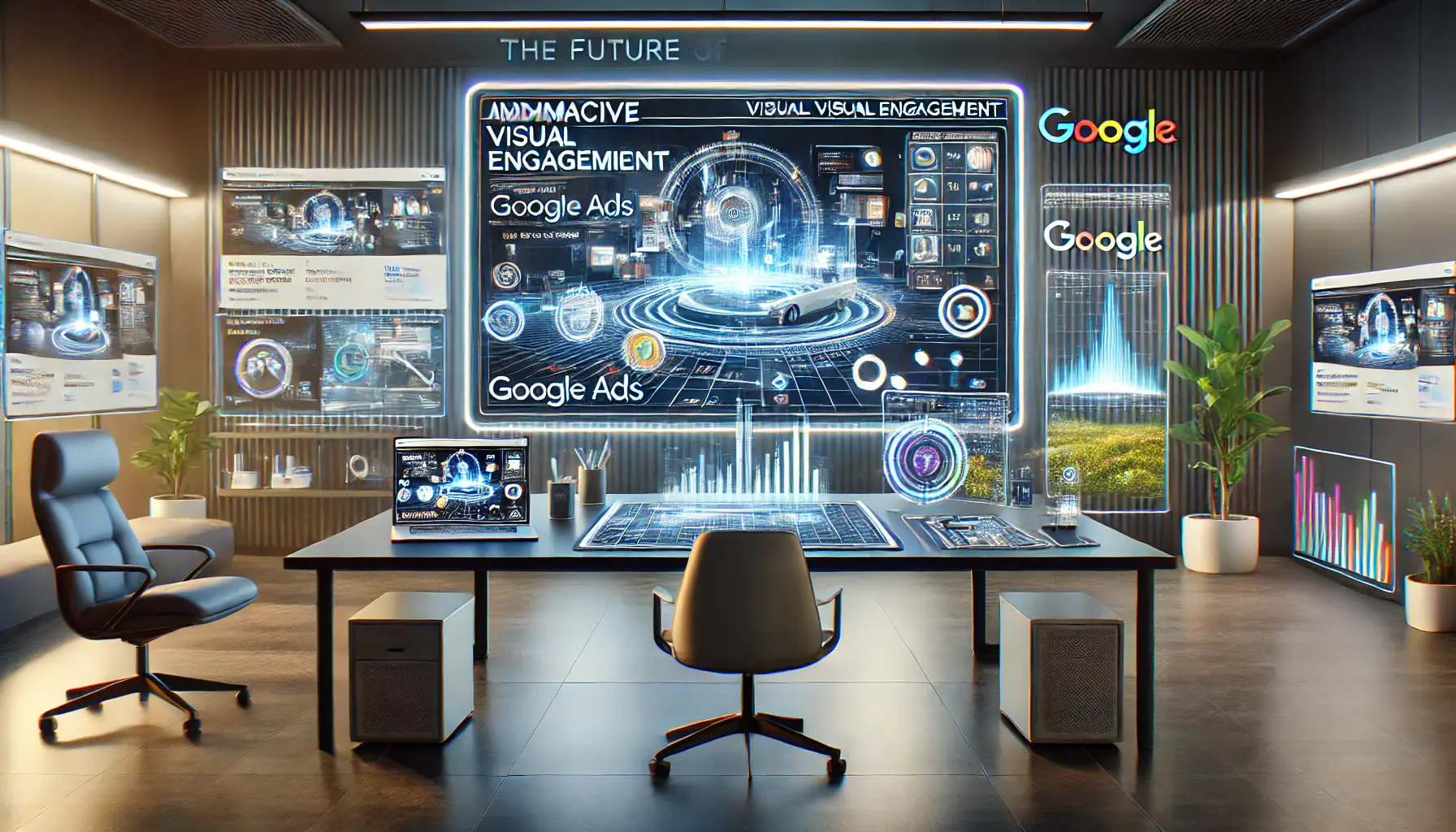 Futuristic digital marketing workspace showcasing advanced visual ad formats like interactive graphics and augmented reality.