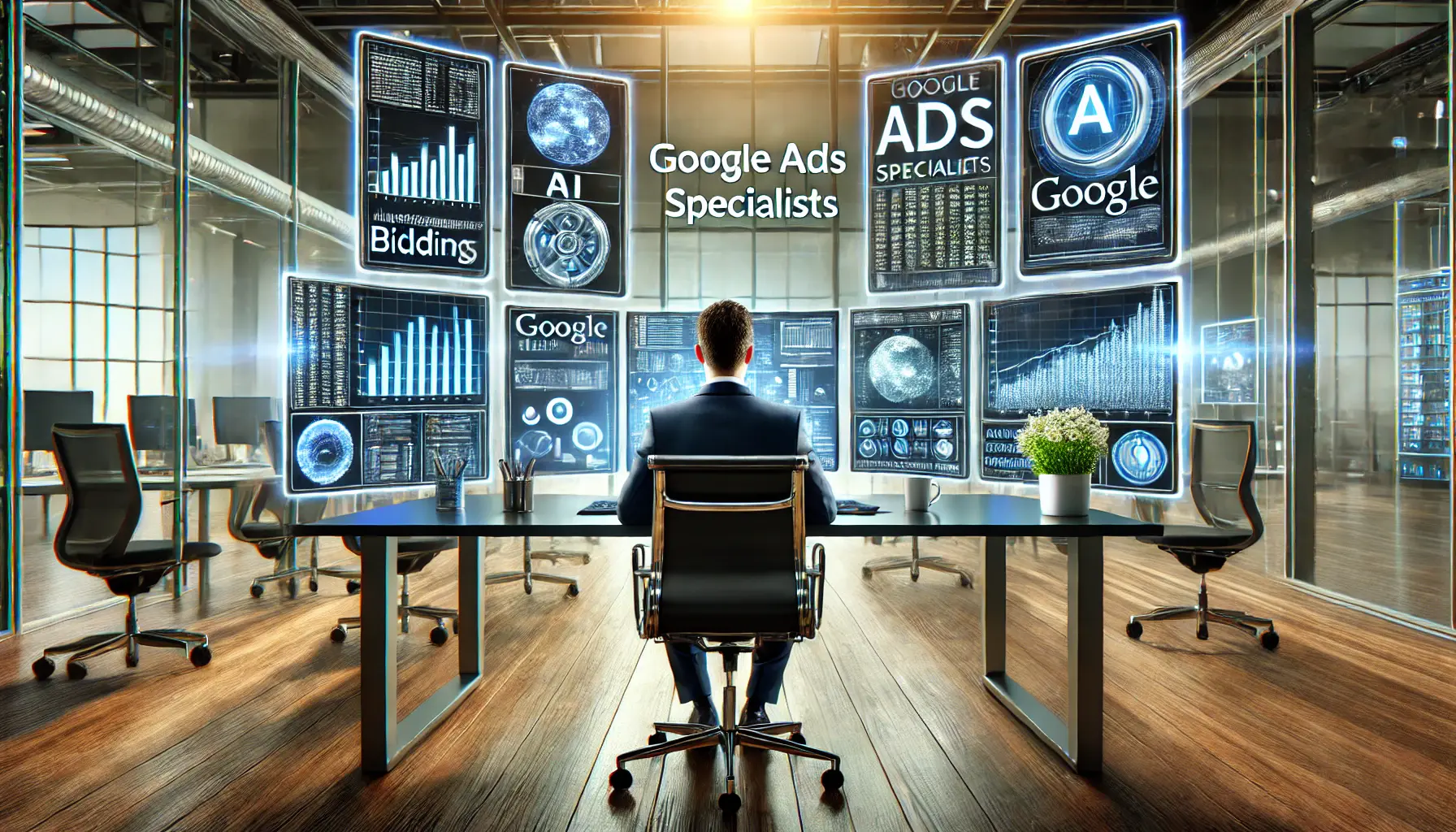 A professional in a modern office analyzing the future of digital advertising, with multiple screens displaying AI-driven tools, automated bidding strategies, and growth charts.