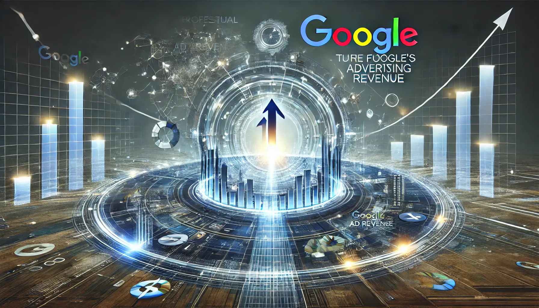 A professional representation of the future outlook for Google's advertising revenue, featuring digital growth, upward trends, and financial projections.