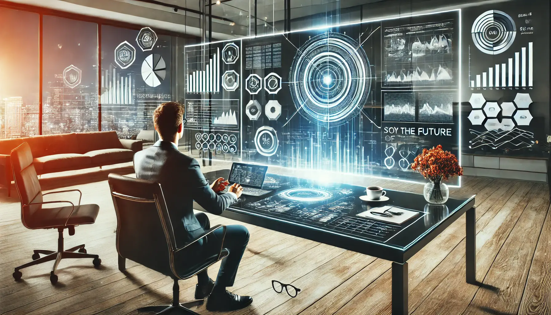 A digital marketer in a futuristic office setting, planning an advertising strategy with advanced analytics tools and projections displayed on the screen.