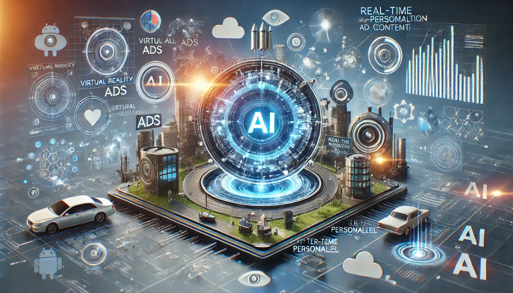 A professional representation of the future prospects of AI in advertising, showcasing virtual reality ads, hyper-personalized content, and AI-driven automation.