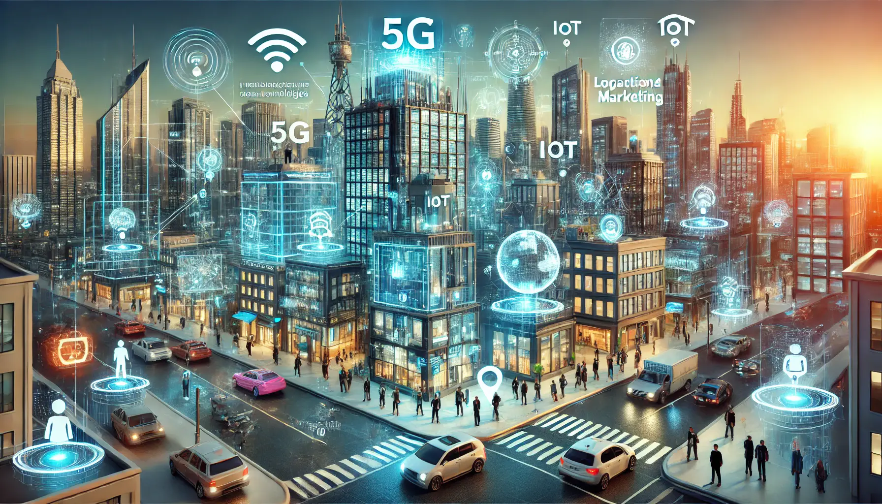 A futuristic cityscape with emerging technologies like 5G, augmented reality, and IoT devices, integrated into urban life.