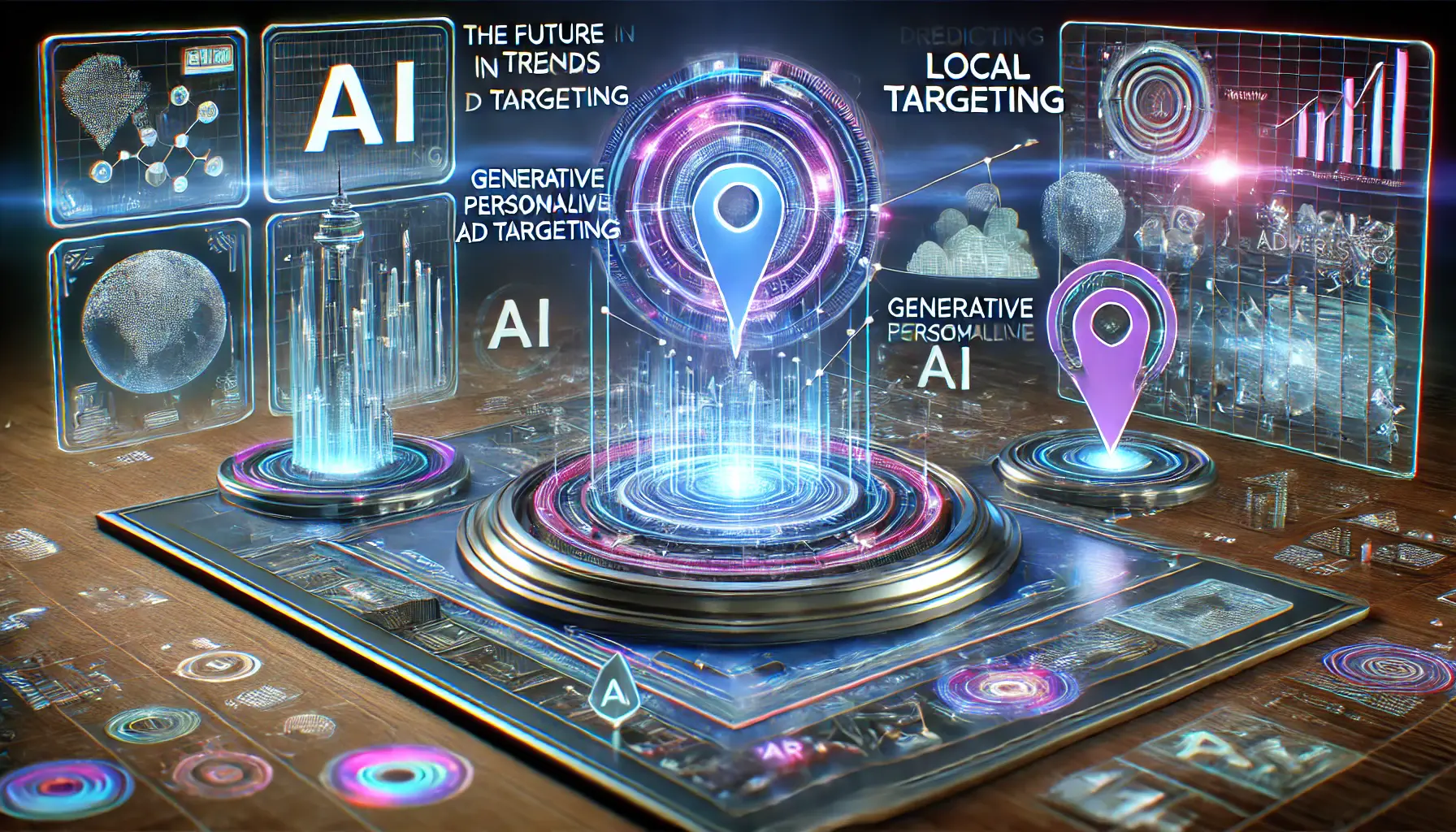 A futuristic digital environment showcasing AI algorithms predicting and analyzing trends for local ad targeting, with elements like augmented reality and generative AI.