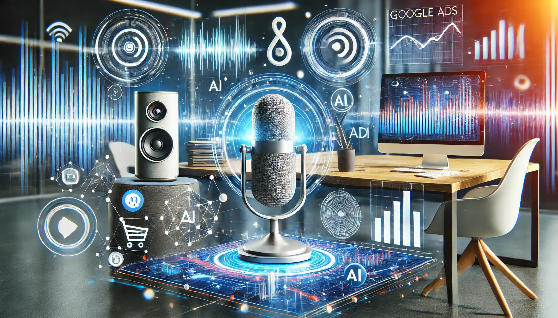 A digital illustration featuring futuristic technology elements like smart speakers, AI-driven ads, and voice-activated interfaces, with soundwaves, analytics graphs, and programmatic ad icons in a modern digital workspace.