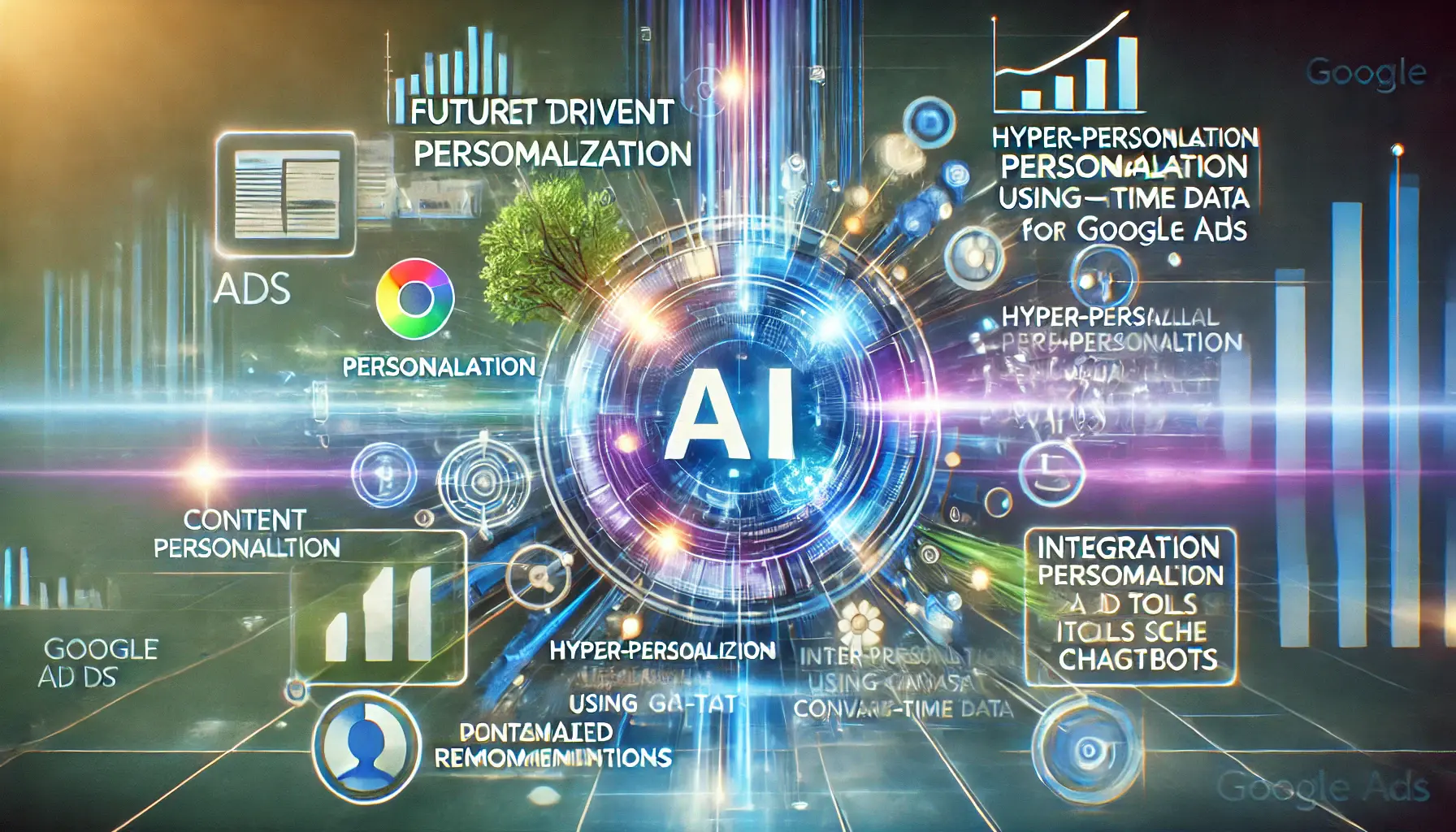 An image illustrating future trends in content personalization for Google Ads, featuring AI-driven personalization and real-time data use.