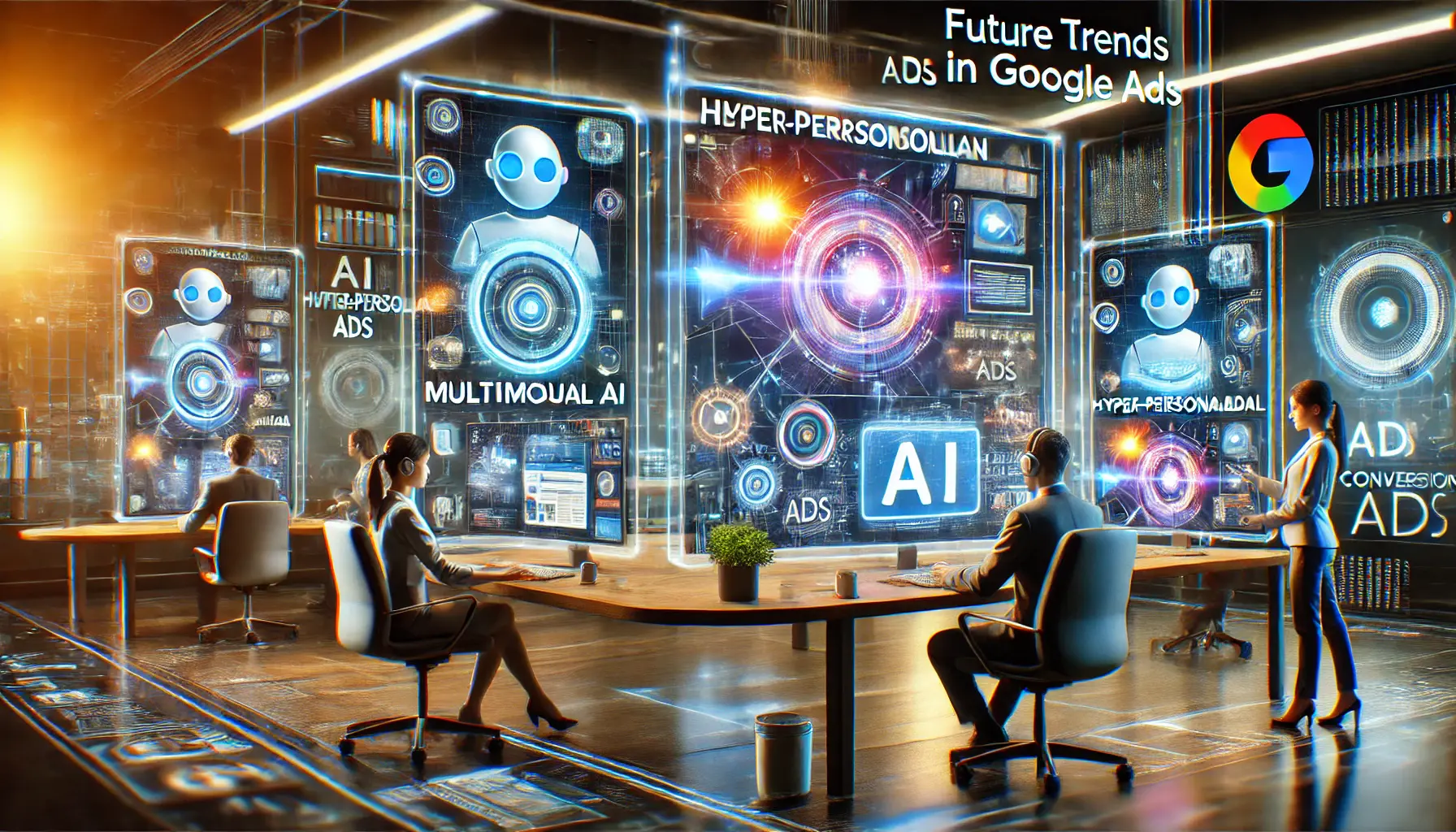 A high-tech digital marketing workspace displaying future trends in conversational AI for Google Ads, showcasing advanced AI platforms, multimodal AI, and hyper-personalized ads.