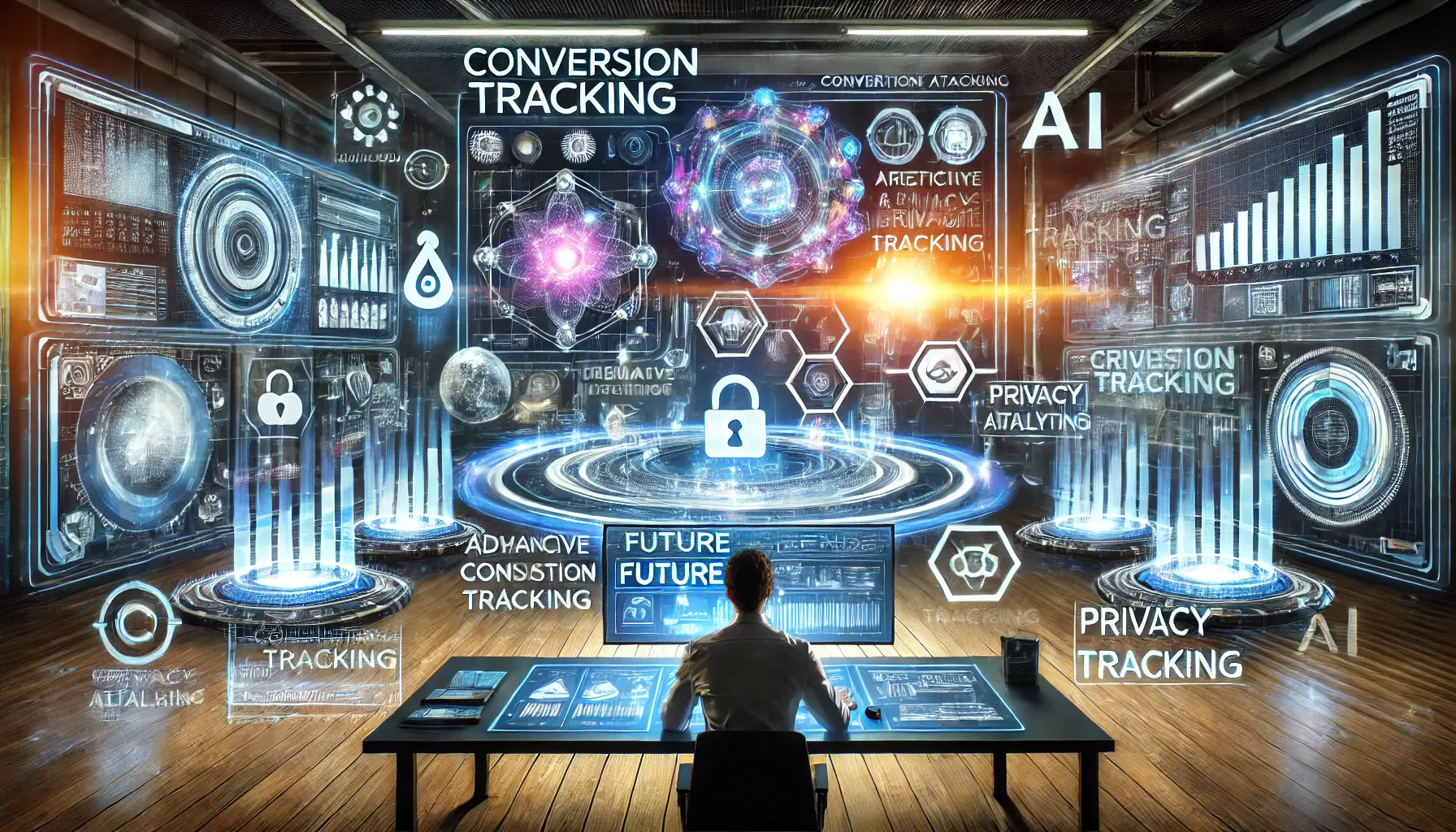 An image showing a marketer analyzing futuristic data visualizations, predictive analytics, and AI-driven insights related to conversion tracking trends.