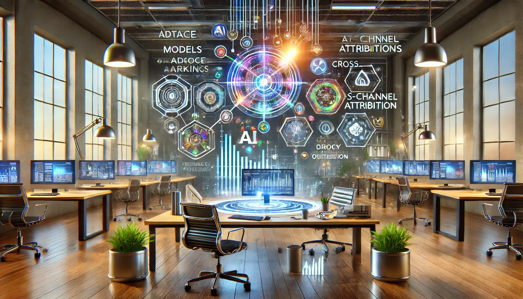 A futuristic digital marketing workspace showcasing AI tools, machine learning algorithms, and cross-channel attribution.