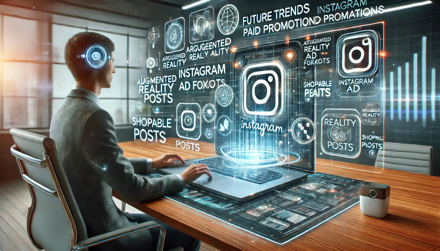 Illustration of a modern workspace with a person using a laptop displaying augmented reality ads and shoppable posts, surrounded by symbols of AI, virtual reality, and dynamic content.