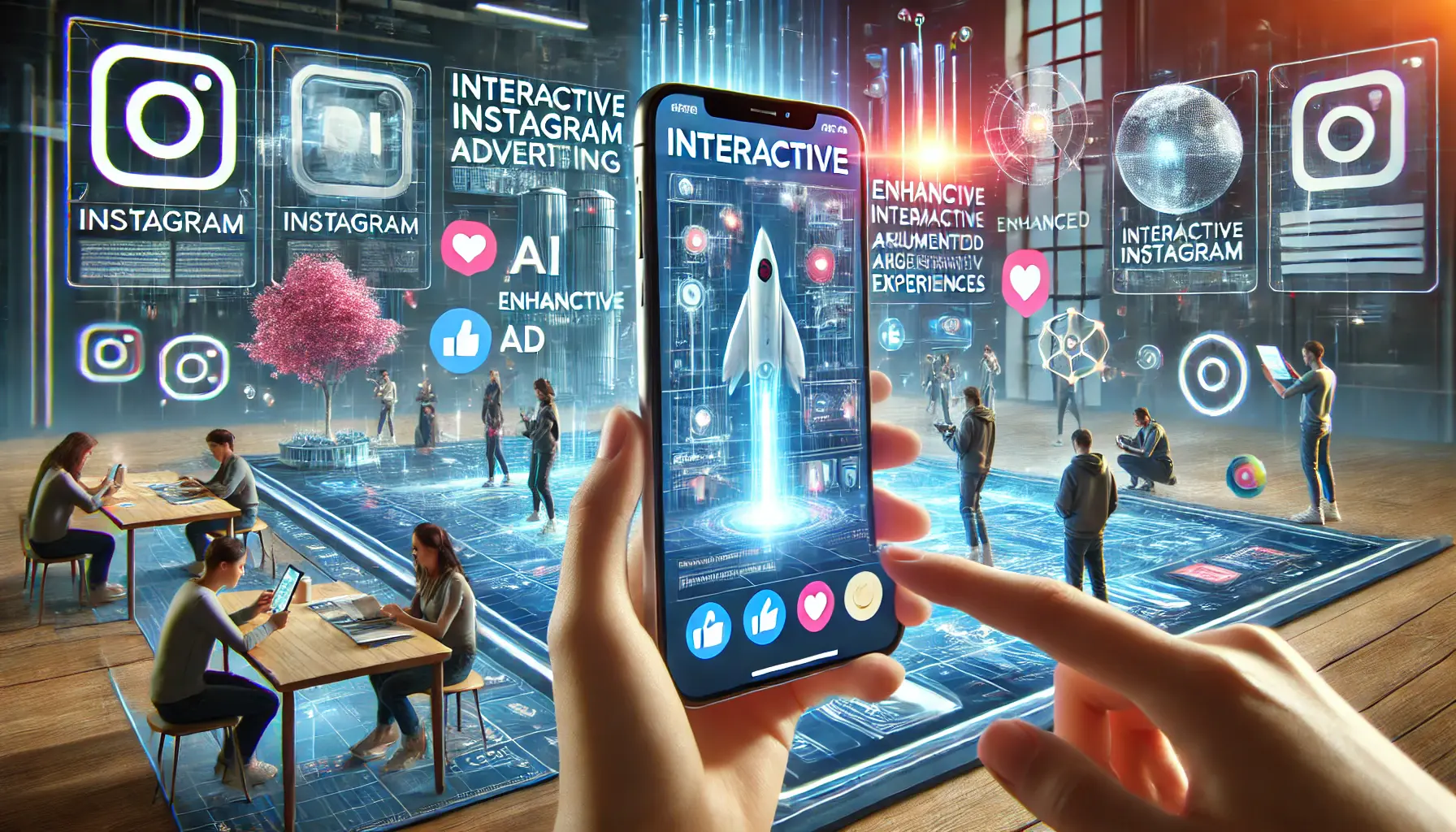 A digital marketing concept showcasing futuristic interactive Instagram ads with AI-powered personalization, enhanced AR experiences, and dynamic content.