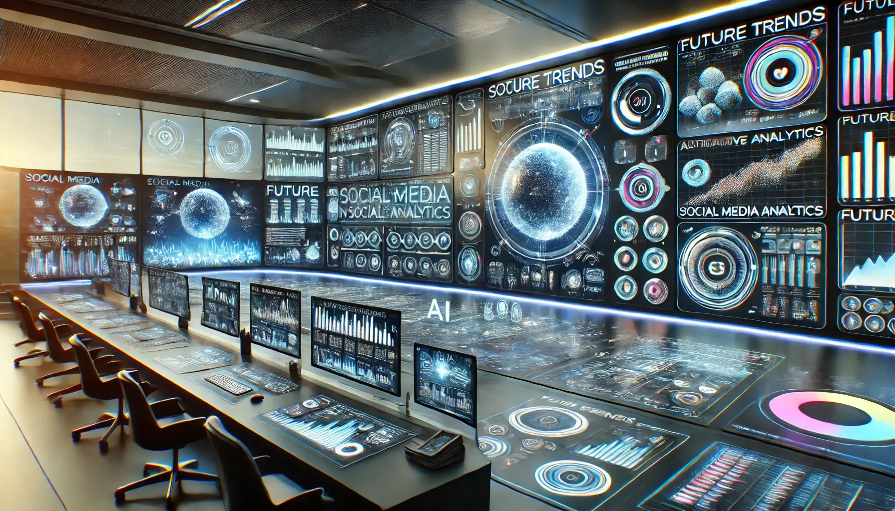 A futuristic digital workspace displaying advanced dashboards for social media analytics and metrics, with emphasis on AI, machine learning, and predictive analytics.