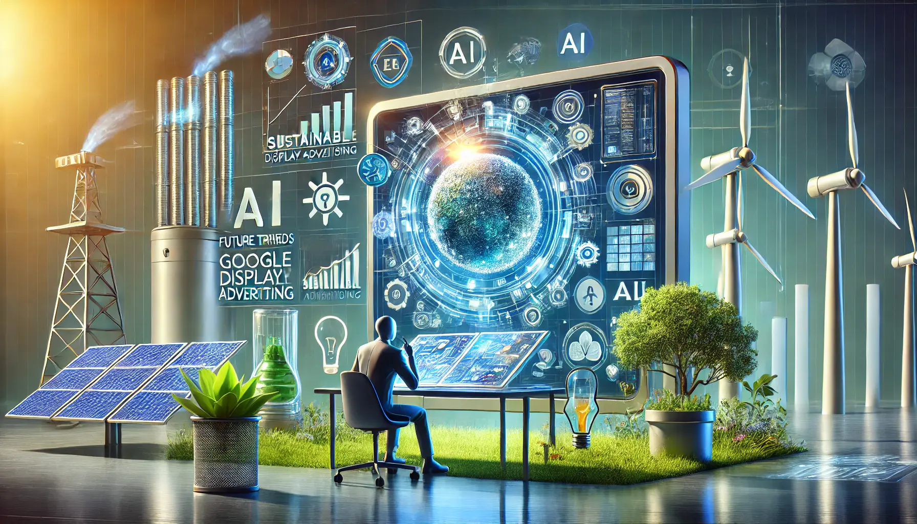 Illustration of a futuristic digital marketer working with AI algorithms, surrounded by eco-friendly elements like solar panels and wind turbines.