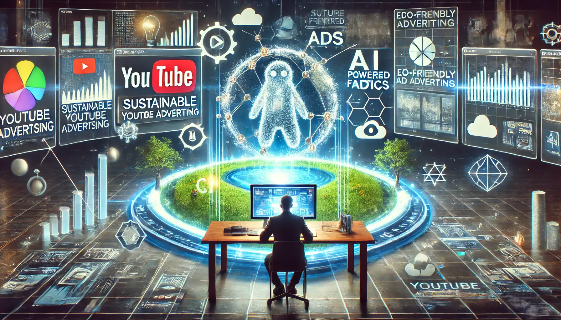 A digital workspace where a person is analyzing futuristic YouTube advertising trends on a screen, with symbols of AI-powered ads, eco-friendly metrics, and green energy innovation.