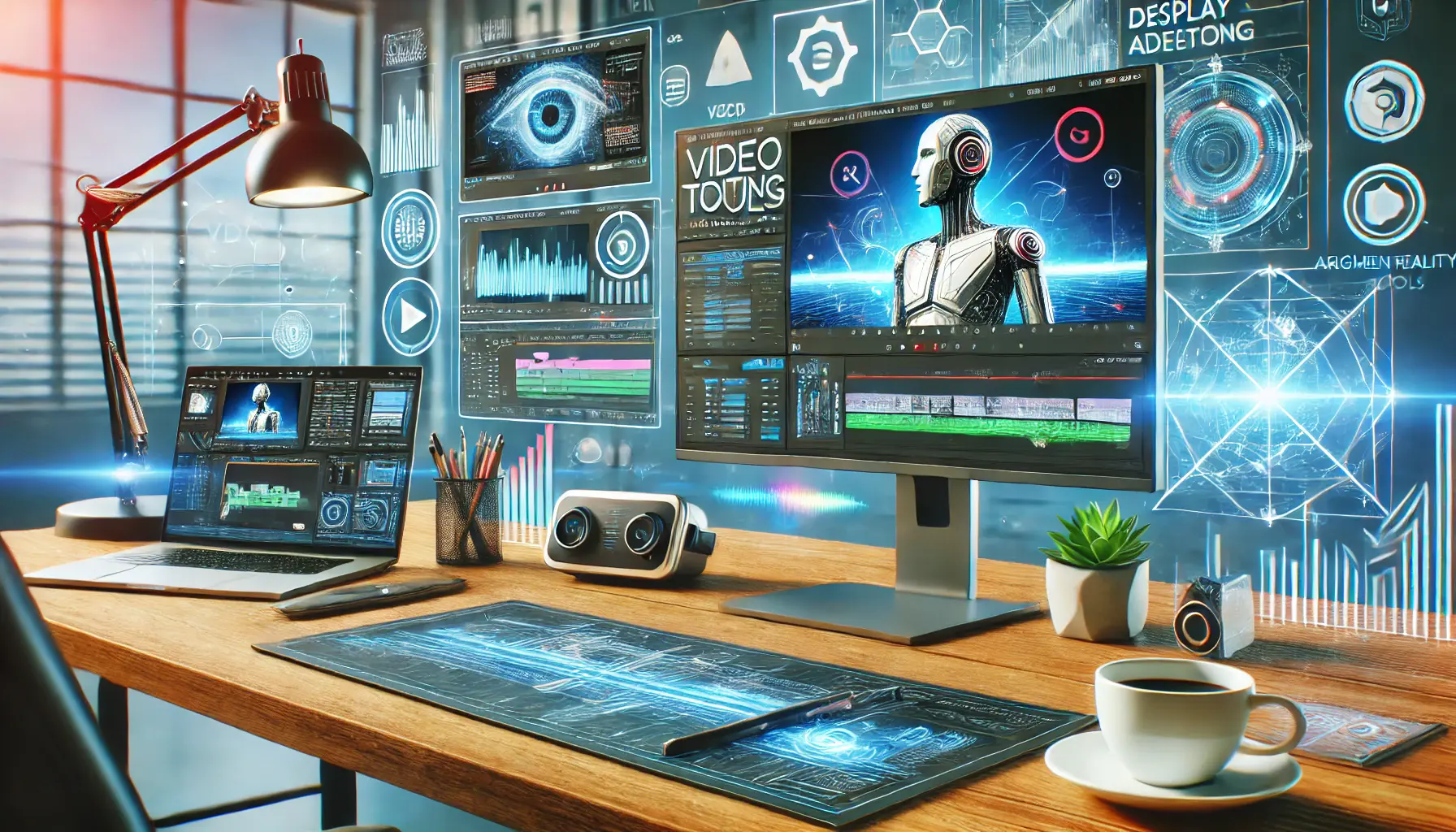 Futuristic workspace with a large screen displaying advanced video editing software, AR, AI integration, and tech gadgets.