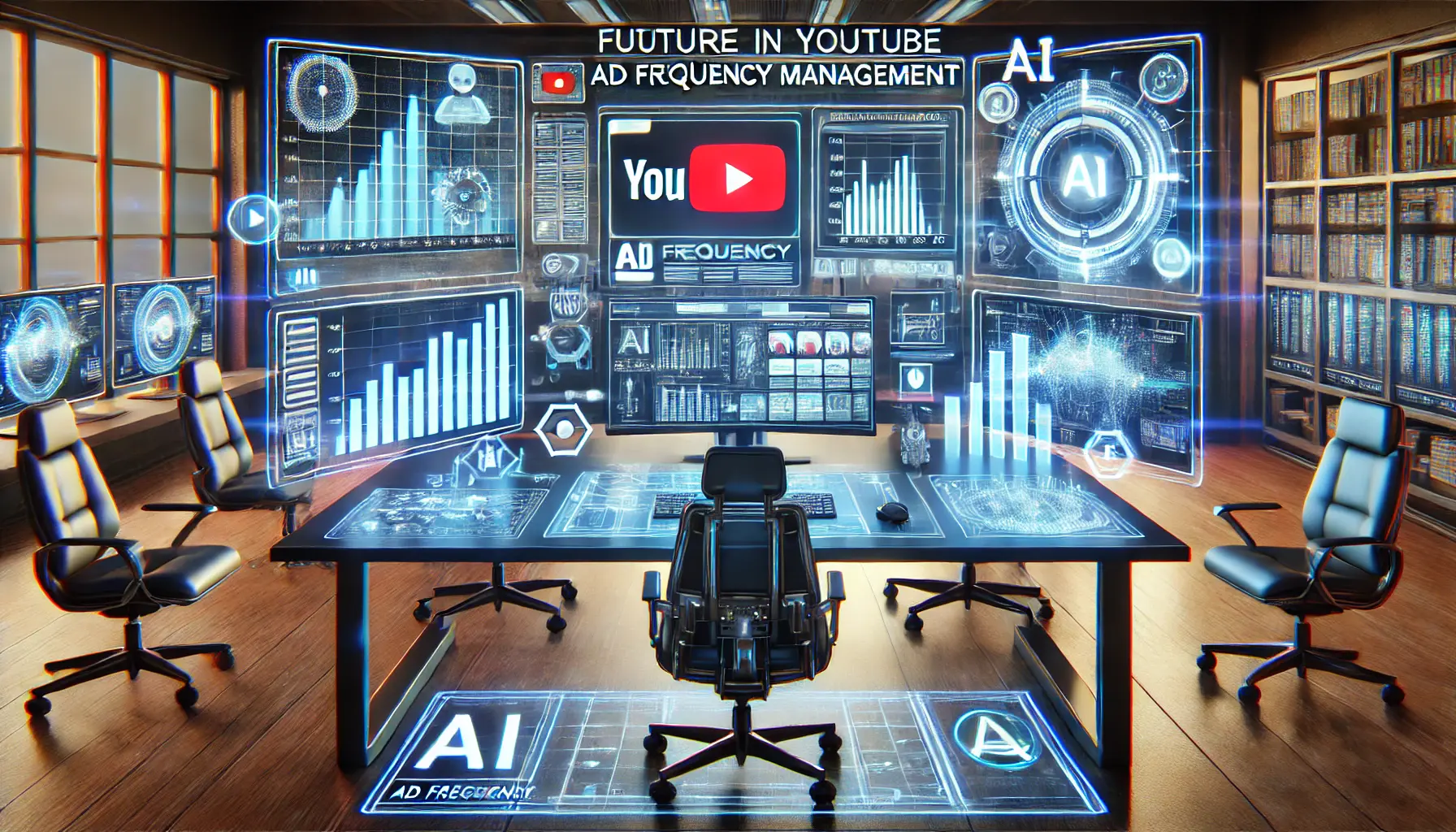 A futuristic digital marketing workspace displaying advanced ad frequency tools and AI-powered optimization for YouTube ads.