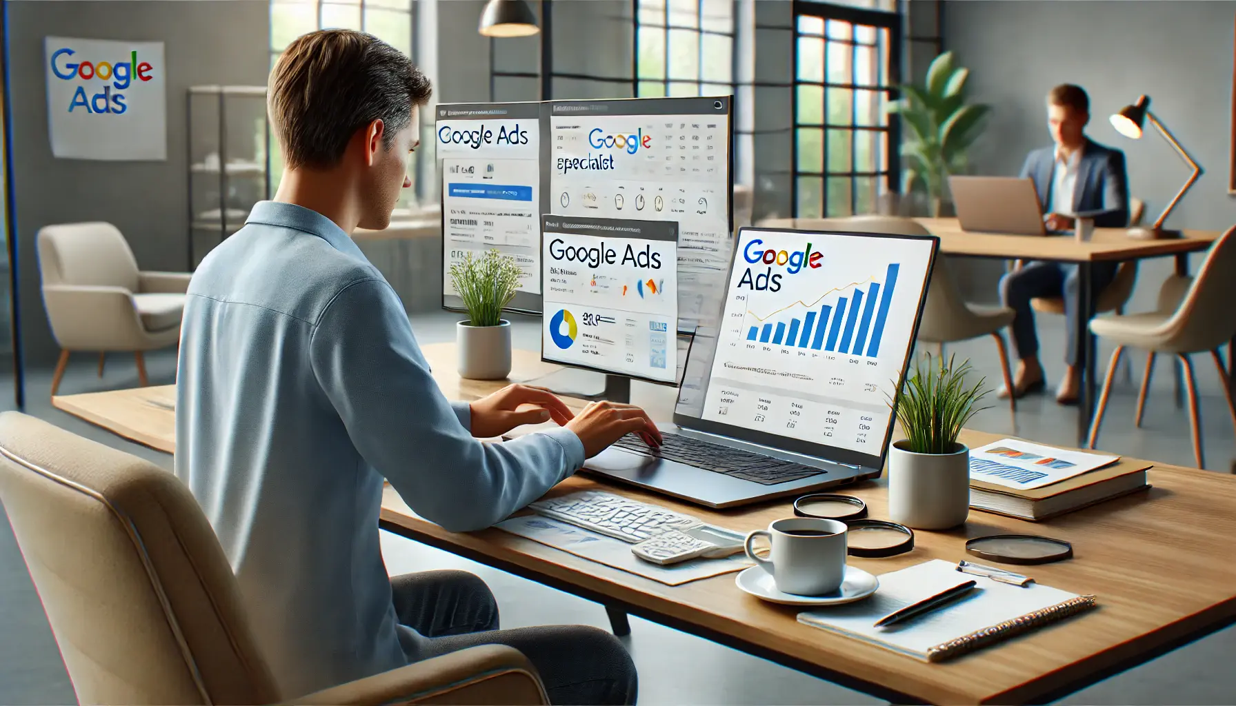 A young professional working on a personal project in a modern office, managing a Google Ads campaign on a laptop with multiple screens displaying performance metrics.