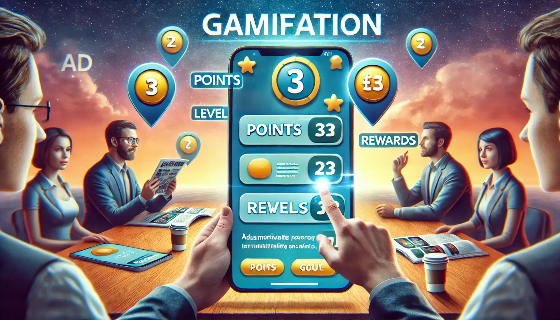 A consumer interacting with a gamified advertisement featuring interactive elements like points and rewards, engaging in the ad's content.