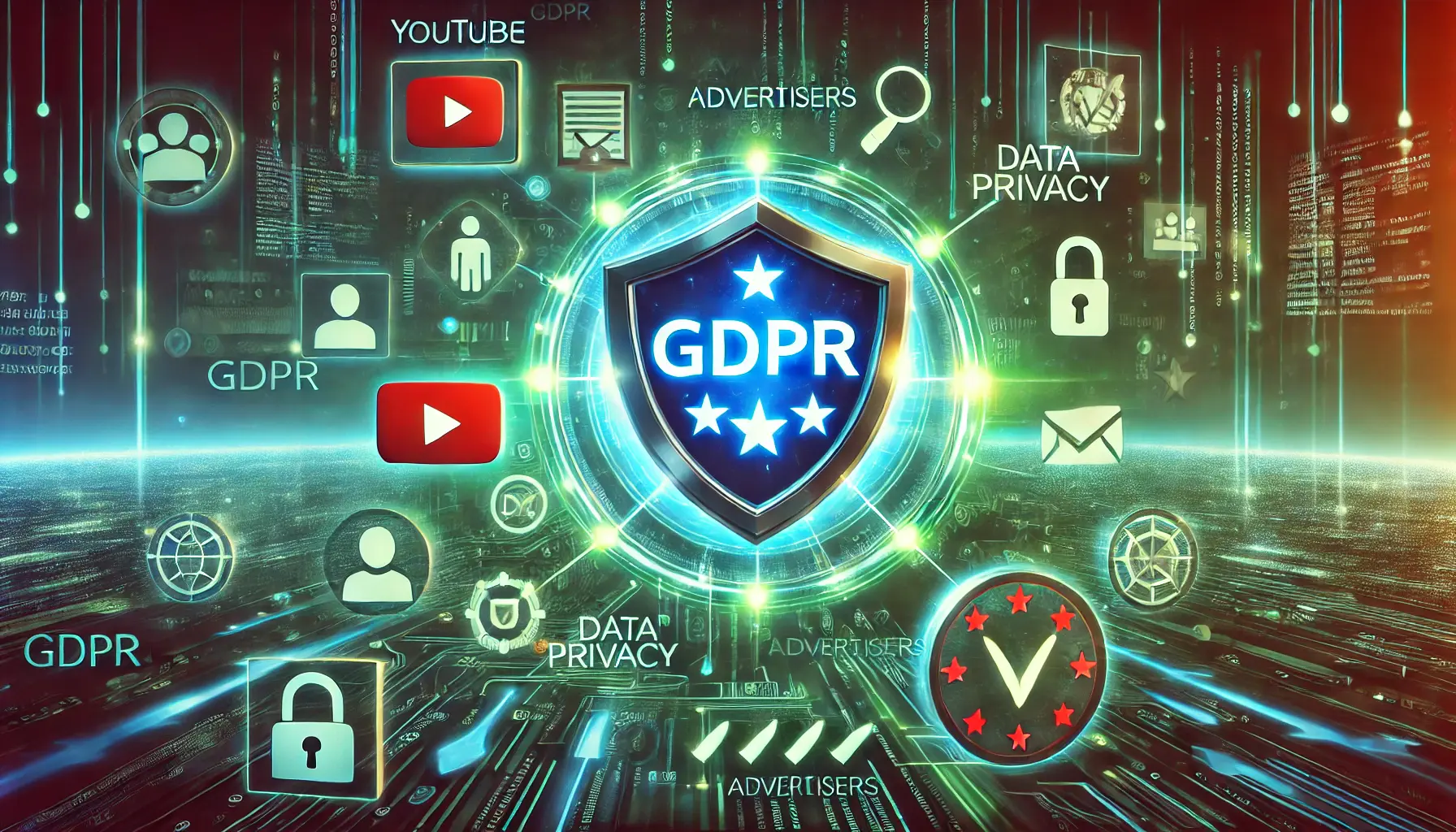 A glowing GDPR shield icon surrounded by digital data streams, compliance checkmarks, a YouTube play button, and data privacy symbols like encrypted locks.