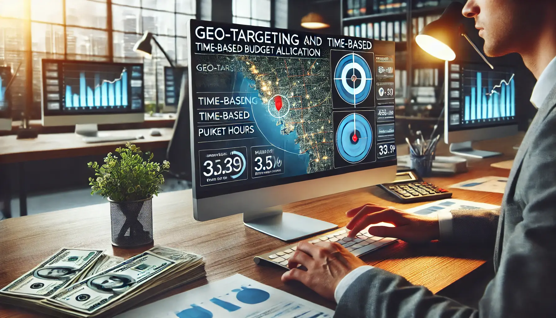 A digital marketing professional setting geo-targeting and time-based budget allocation on a computer, with a map and timeline displayed on the screen in a modern office.