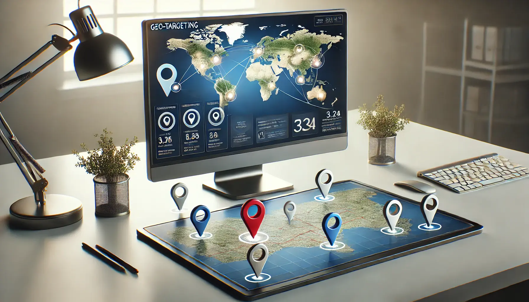 A computer screen displaying a map with location pins marking targeted regions for geo-targeting.