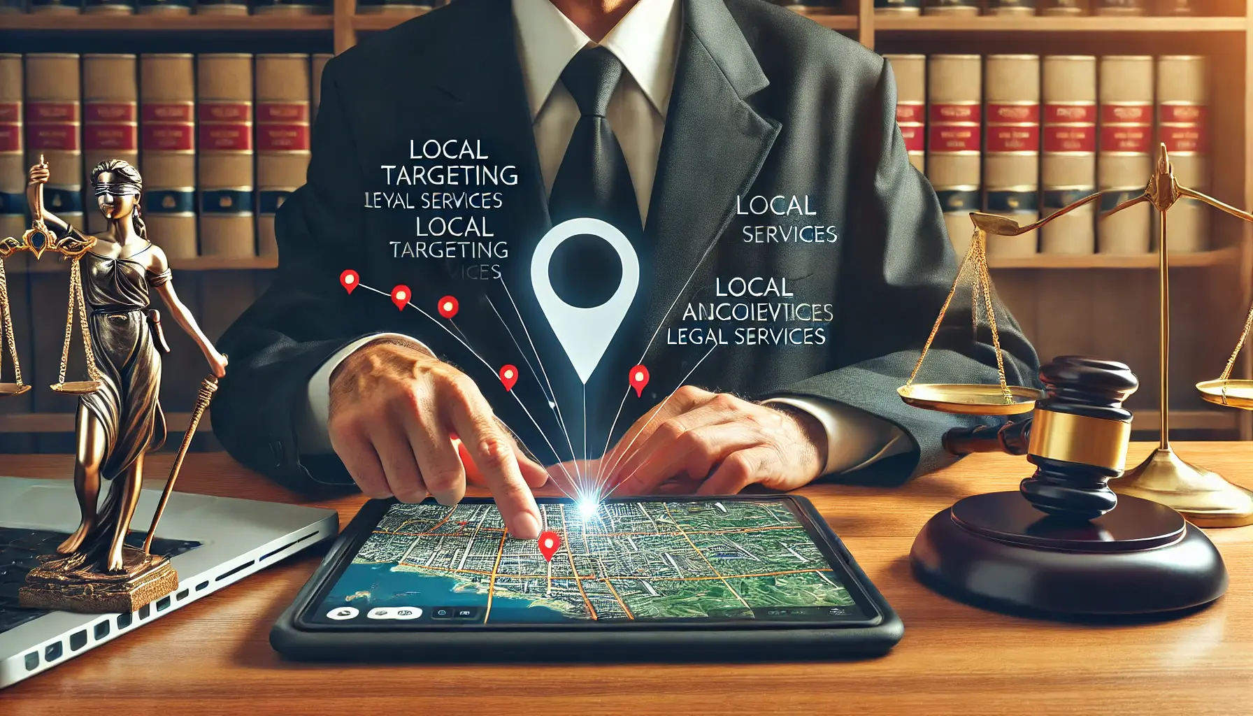 Illustration of a lawyer using a laptop to analyze geographic targeting for local legal services, with a digital map interface in the background.