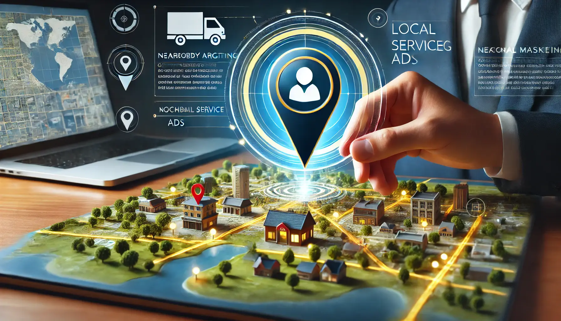 An illustration showing geographical targeting with a map pin icon highlighting a local business and surrounding areas.