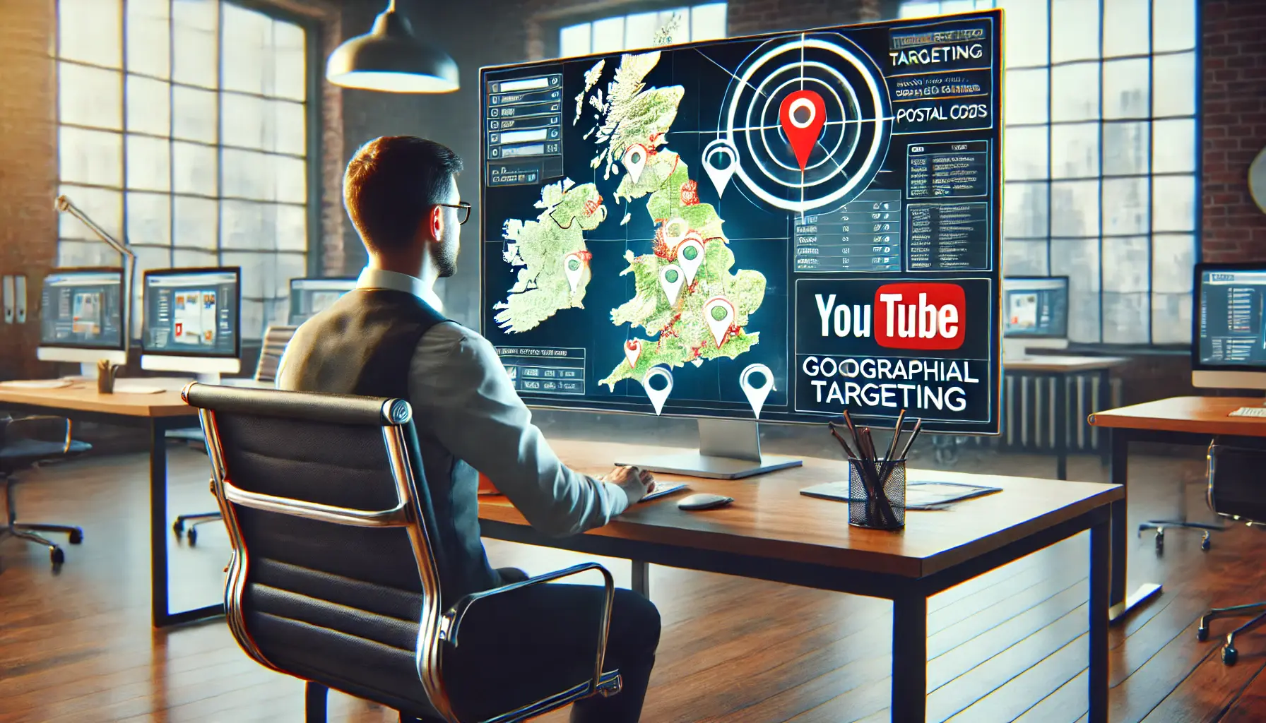 A digital marketing professional using a computer with a map on the screen, highlighting cities, regions, and postal codes for geographical targeting in YouTube ads.