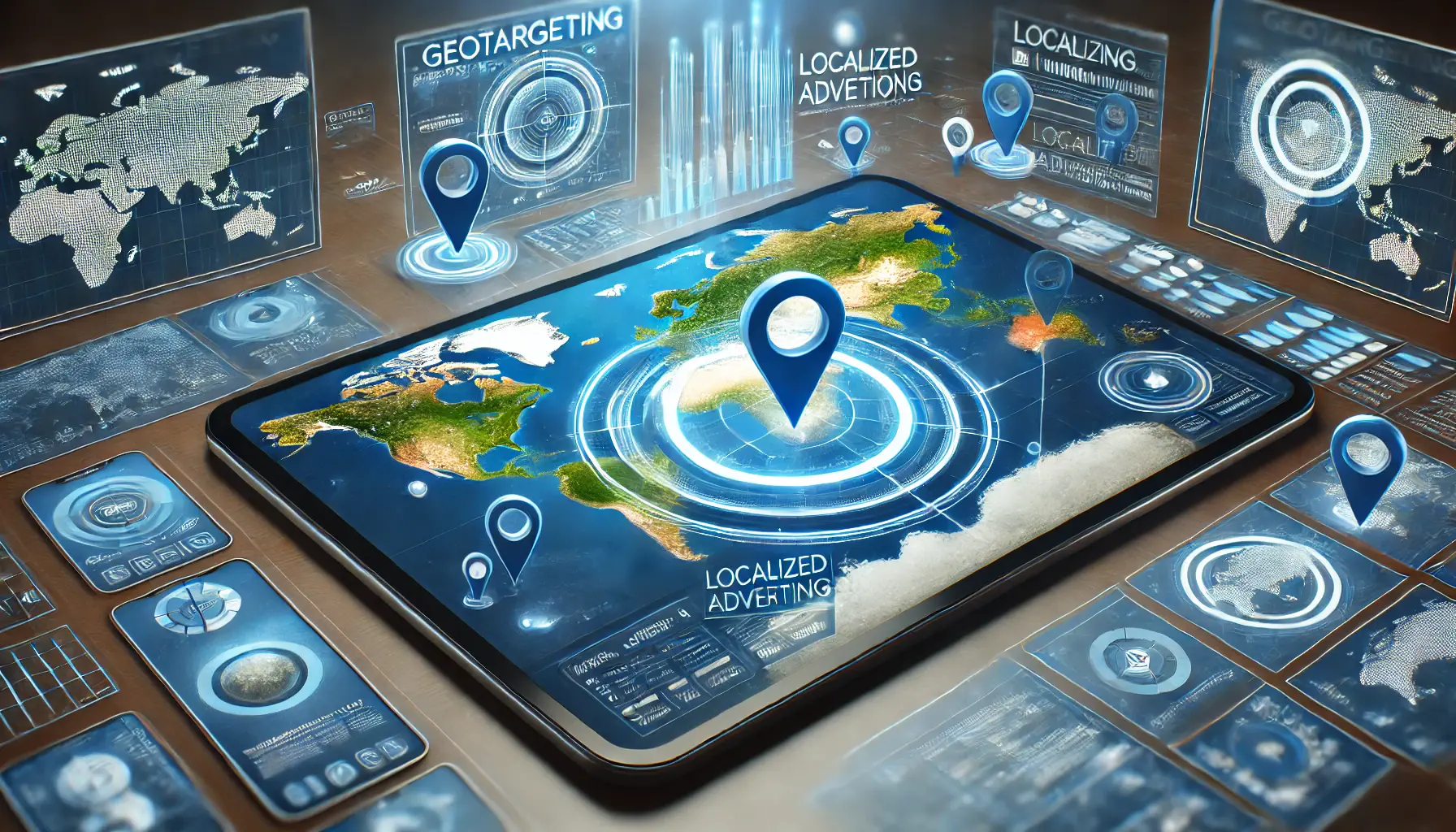 Illustration of geotargeting and localized advertising with a map showing targeted geographic areas and user locations.