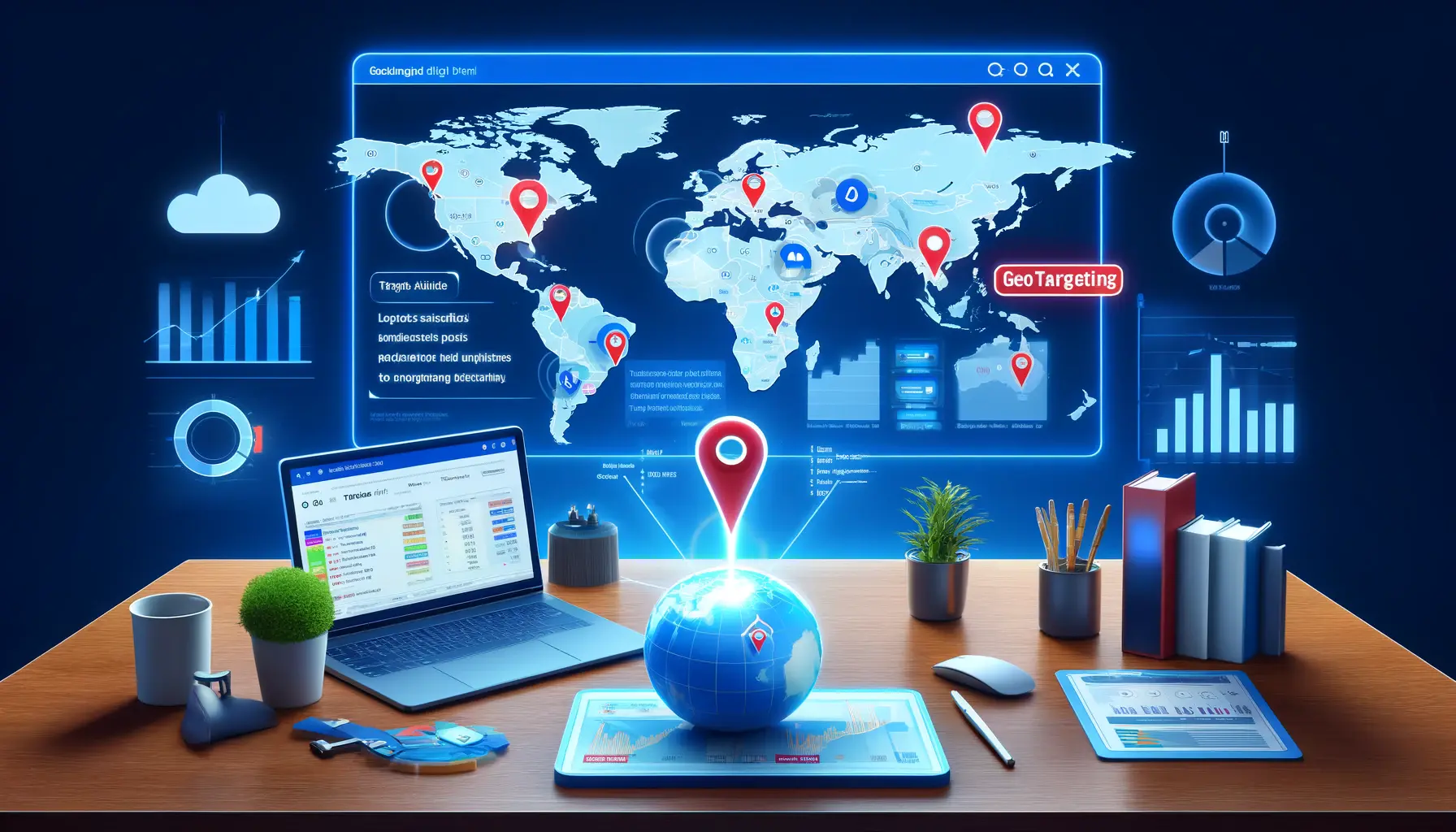 A digital marketer analyzing a map with pinpointed locations and geotargeting data, alongside performance metrics and budget allocation charts.