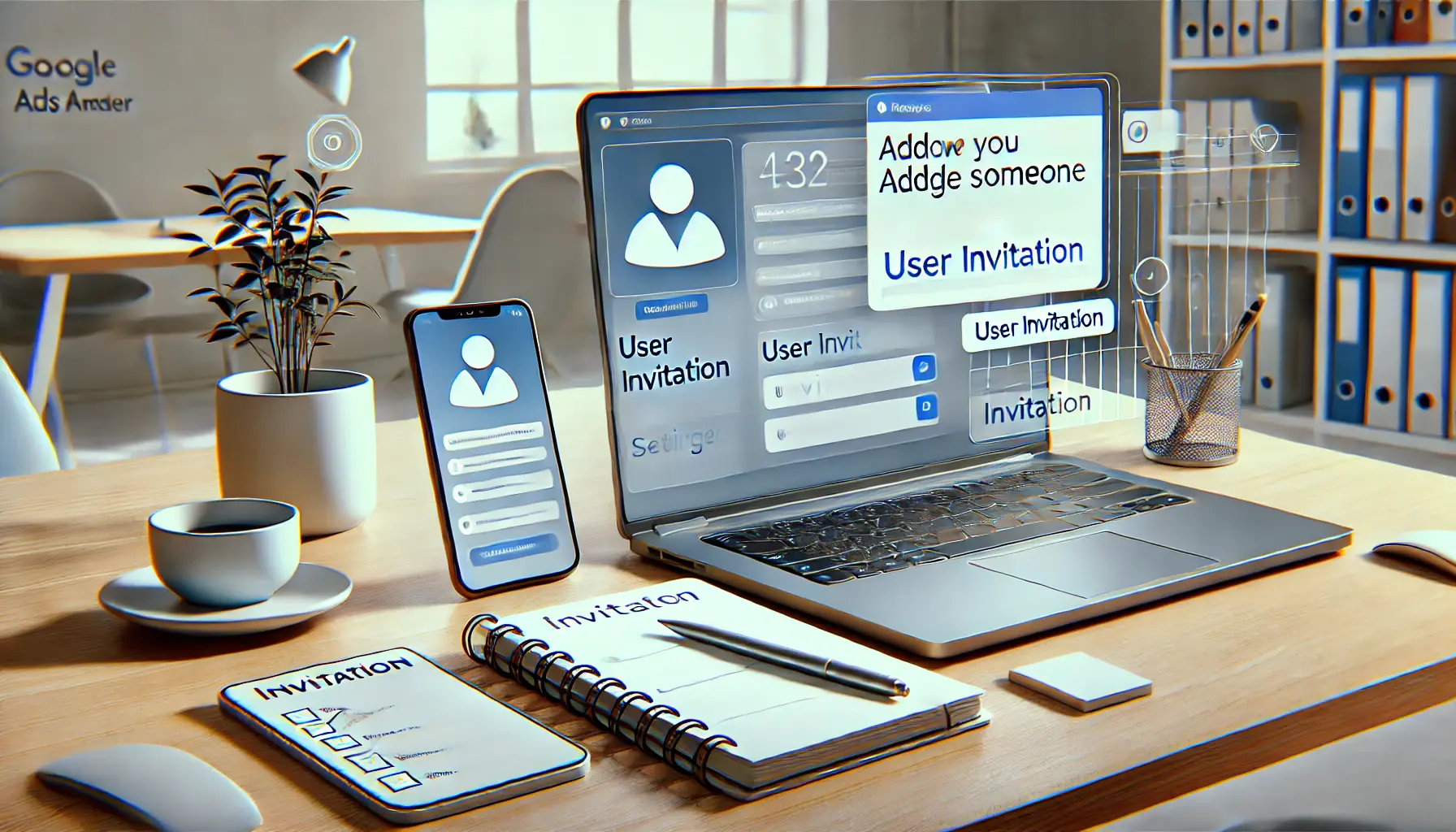 A workspace with a laptop showing user invitation settings, a checklist notebook, and a smartphone, symbolizing preparation for adding someone to Google Ads Manager.