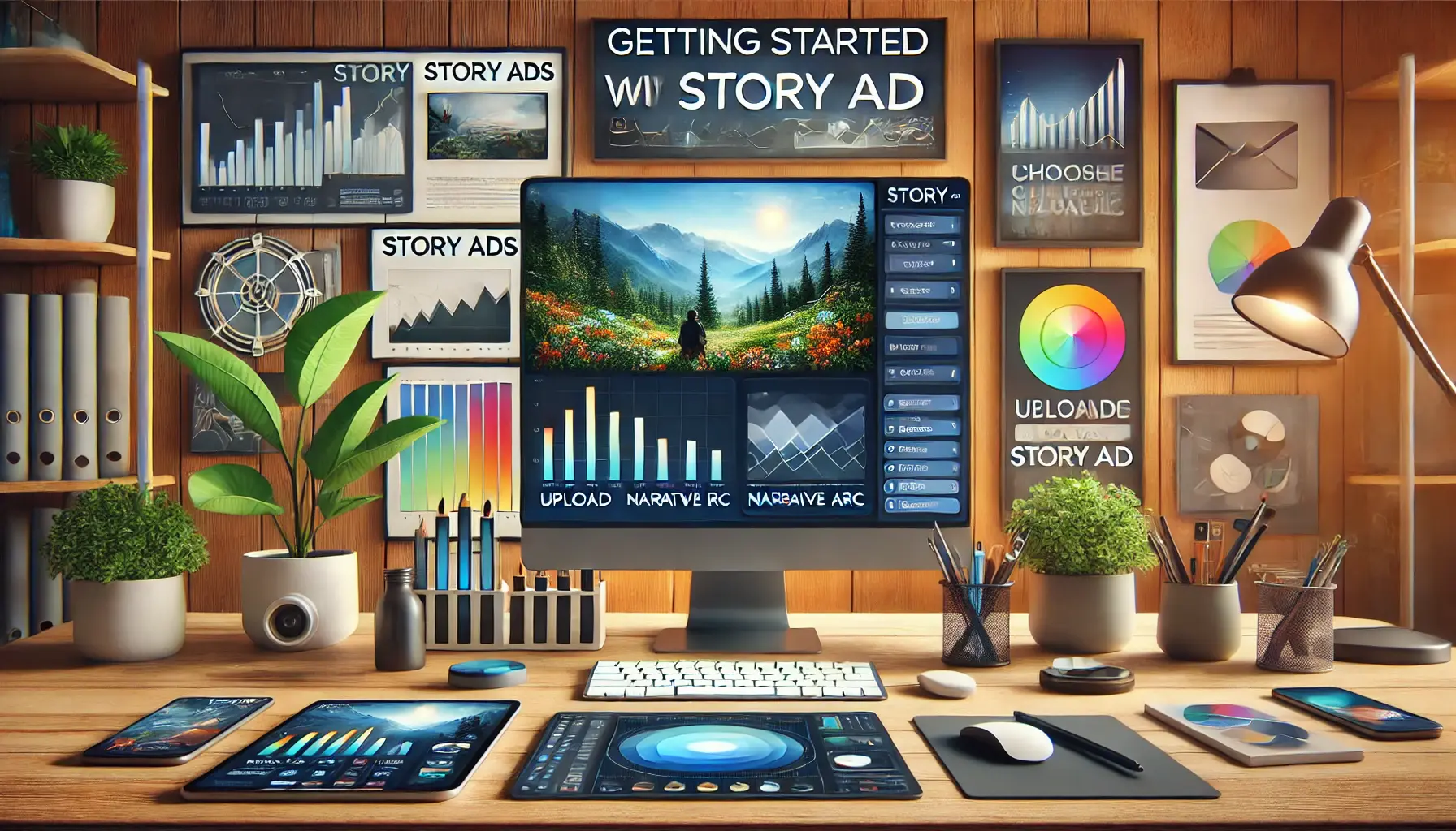 A digital workspace with a monitor displaying the process of creating a story ad, showing elements like visuals, narrative setup, and target demographics.