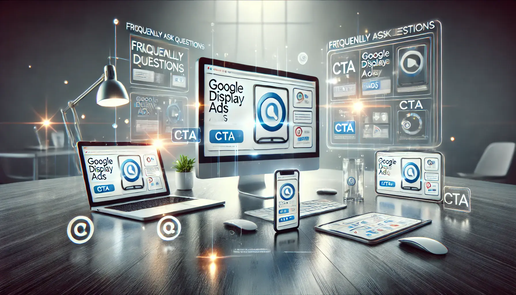 A visual representation of a digital workspace showcasing Google Display Ads with CTA buttons on various devices like desktop, tablet, and smartphone.