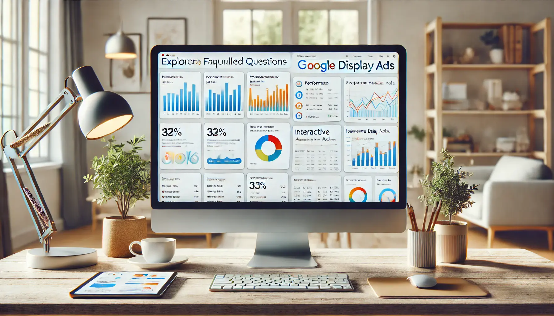 A modern digital workspace with a computer displaying data analytics tools and dashboards related to Google Display Ads, including performance metrics and graphs.