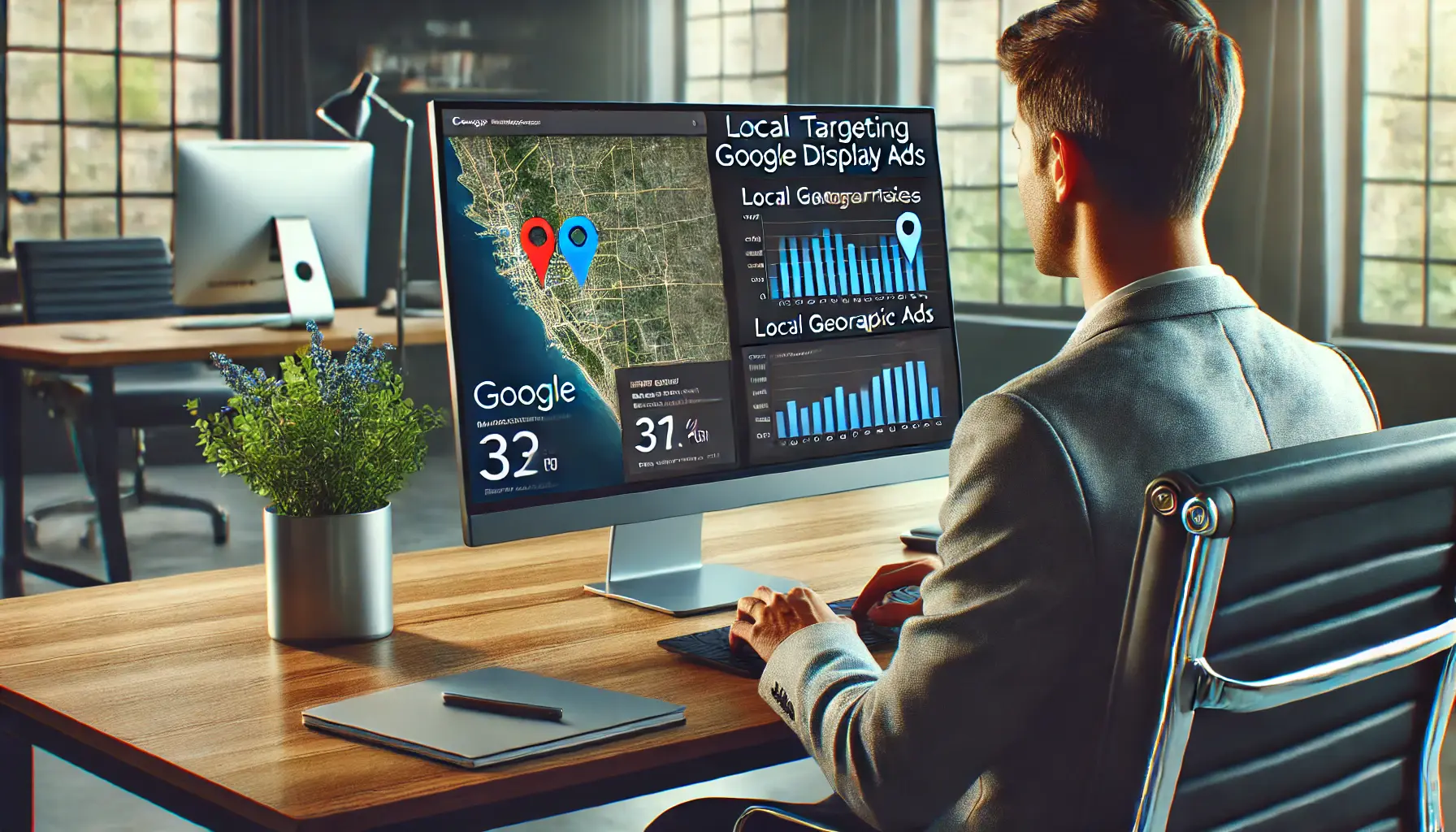 A digital marketer managing a Google Display Ads campaign with a computer screen showing analytics and a map of targeted geographic areas.