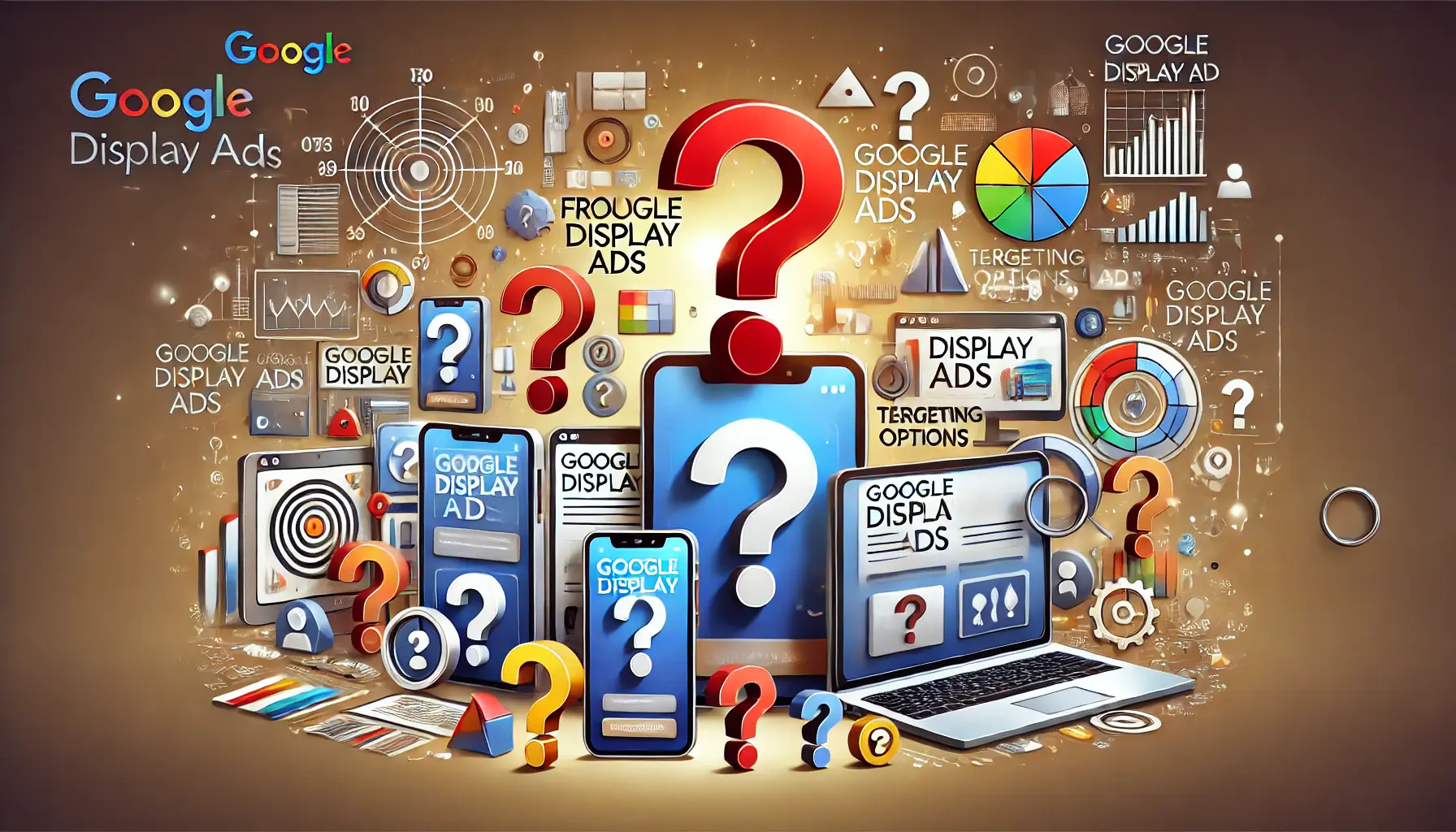 Illustration representing frequently asked questions about Google Display Ads with devices and abstract symbols.