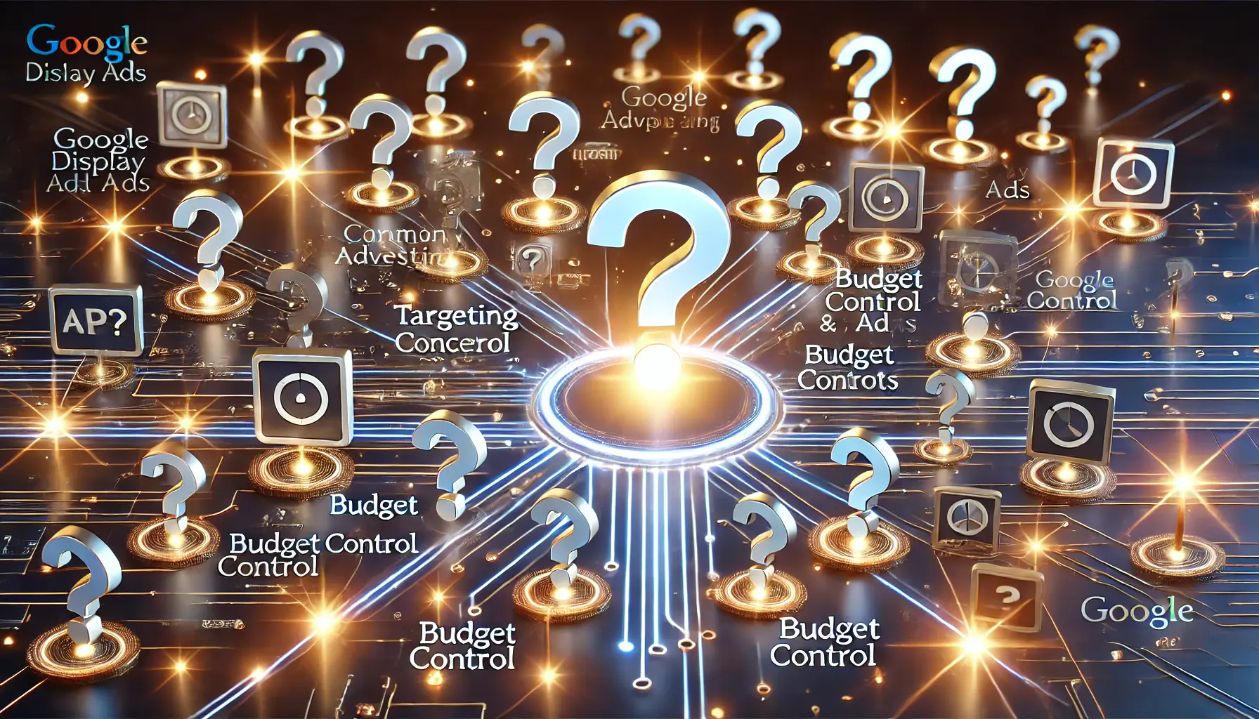 An image showing a digital interface with question marks and icons representing common concerns about Google Display Ads like targeting, budget control, and ad formats.