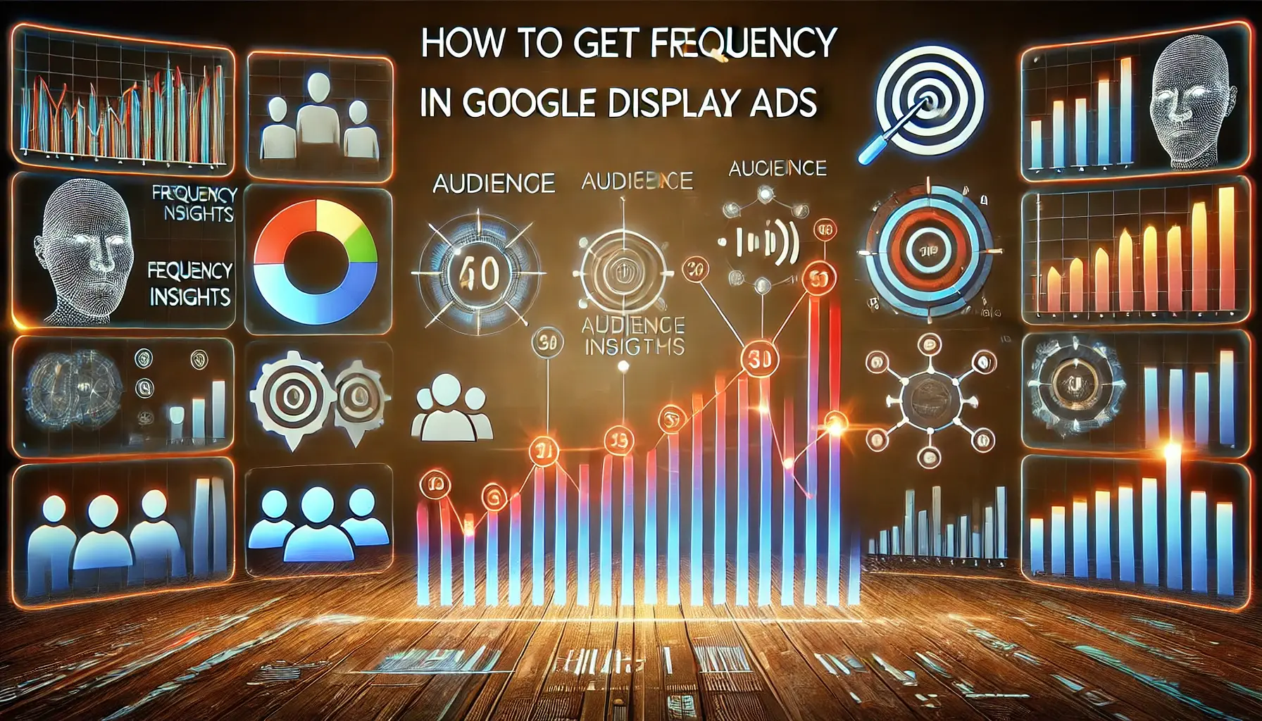 Abstract image featuring a digital dashboard with graphs, data visualizations, and frequency indicators symbolizing the process of getting frequency insights in Google Display Ads.