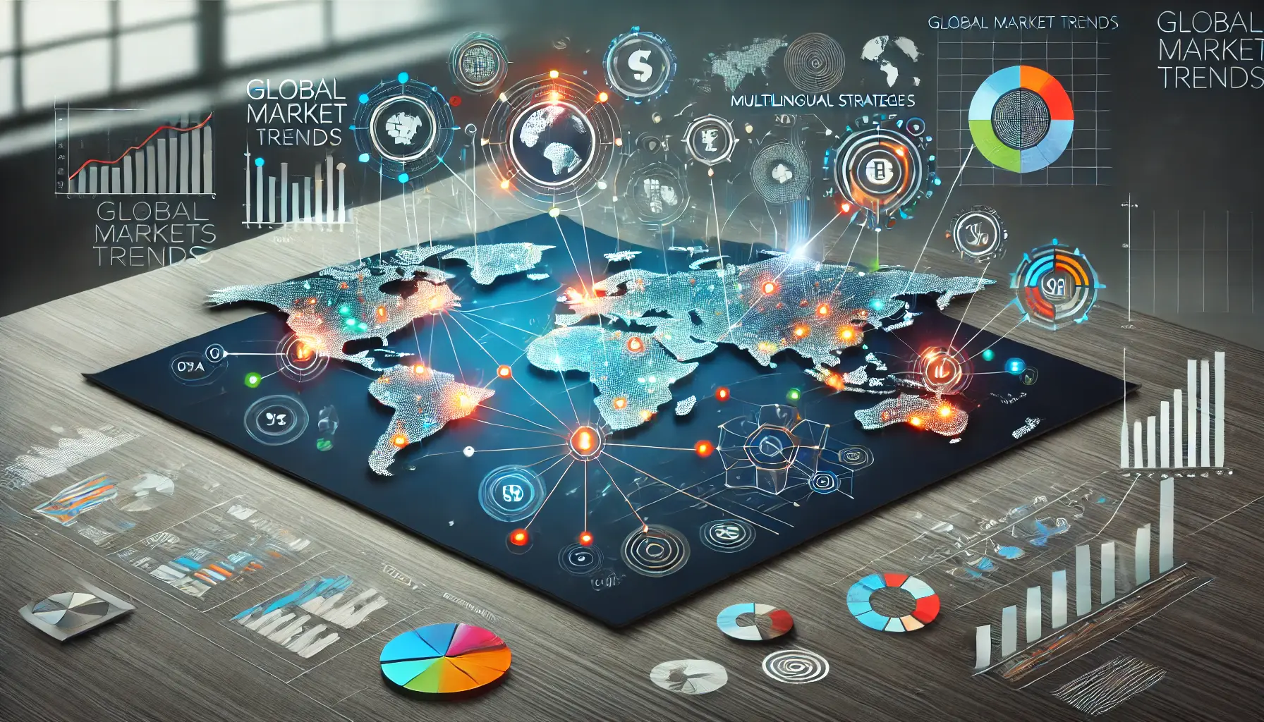 A world map with connected regions, digital marketing elements like graphs and cultural icons, symbolizing global trends and multilingual strategies.