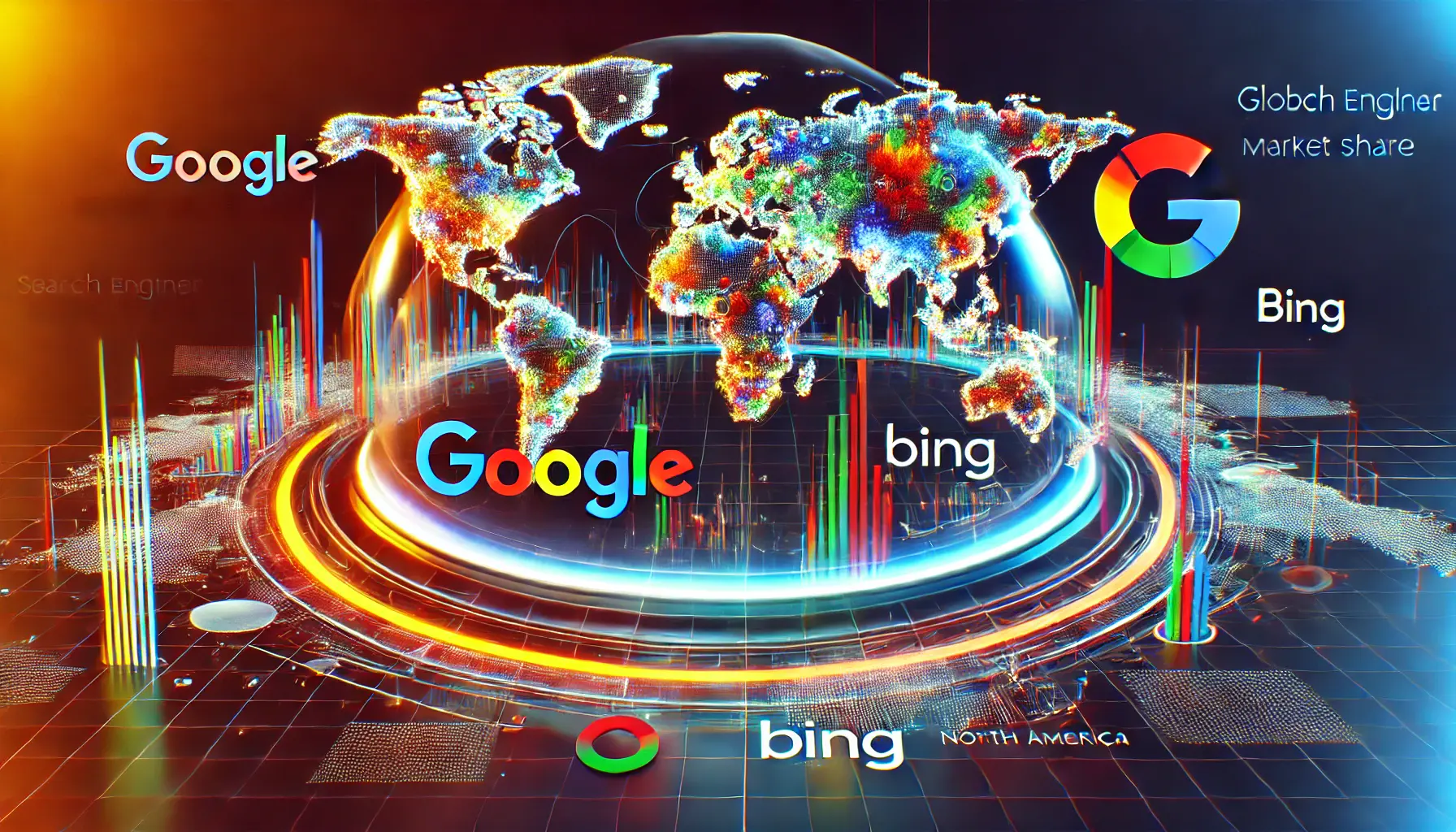 Illustration showing global search engine market share with Google dominating and Bing present in key regions.