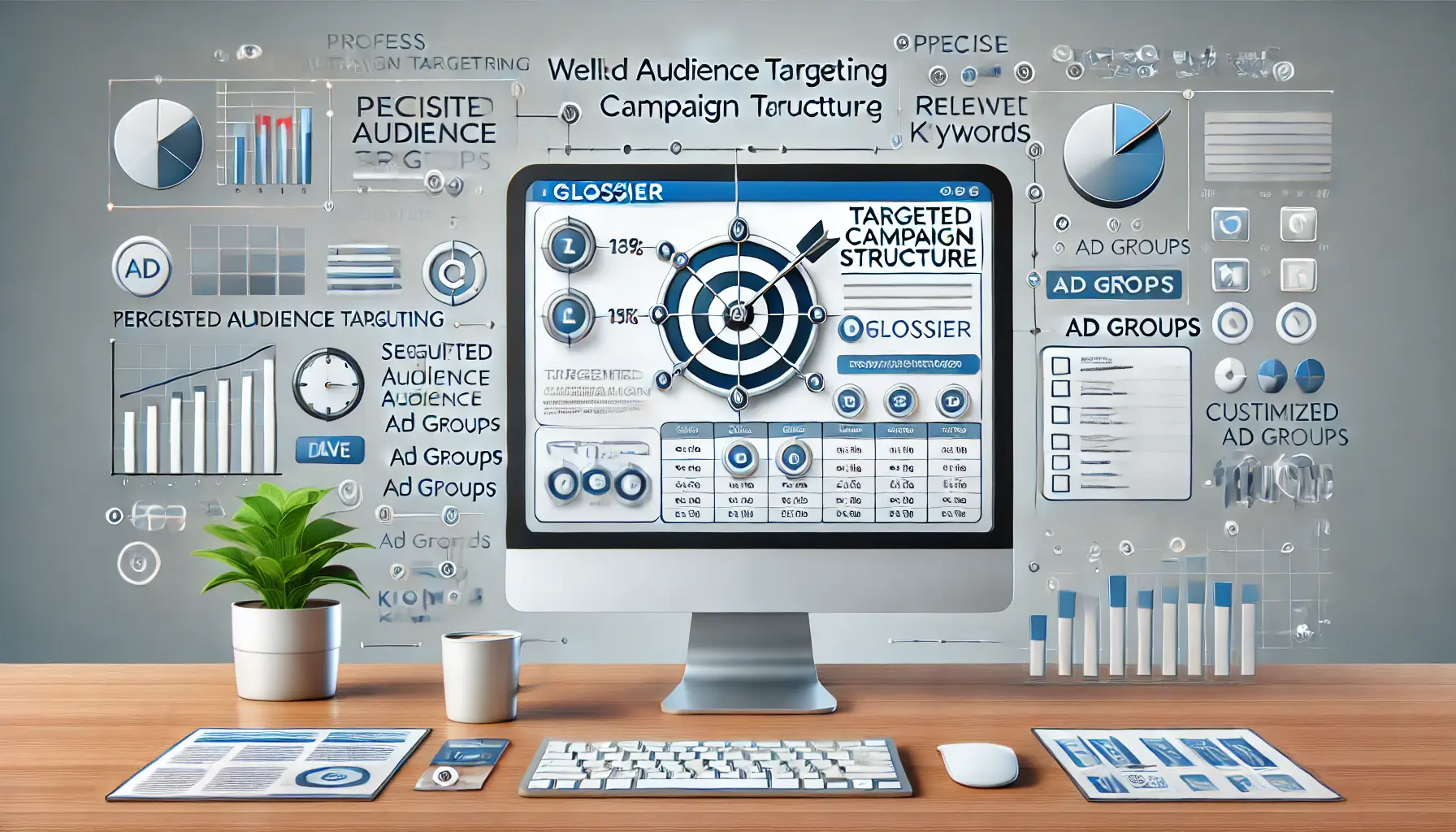 An illustration showing the concept of targeted campaign structure with audience segmentation, customized ad groups, and relevant keywords on a computer screen.