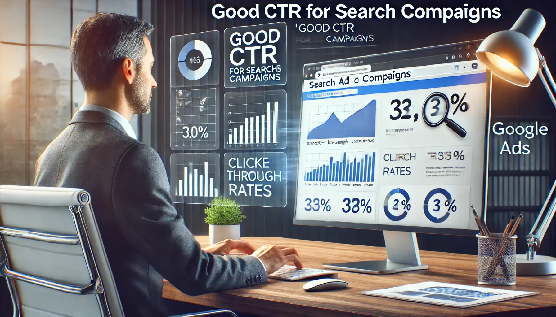 A professional analyzing search ad performance metrics with a focus on CTR and search engine results.