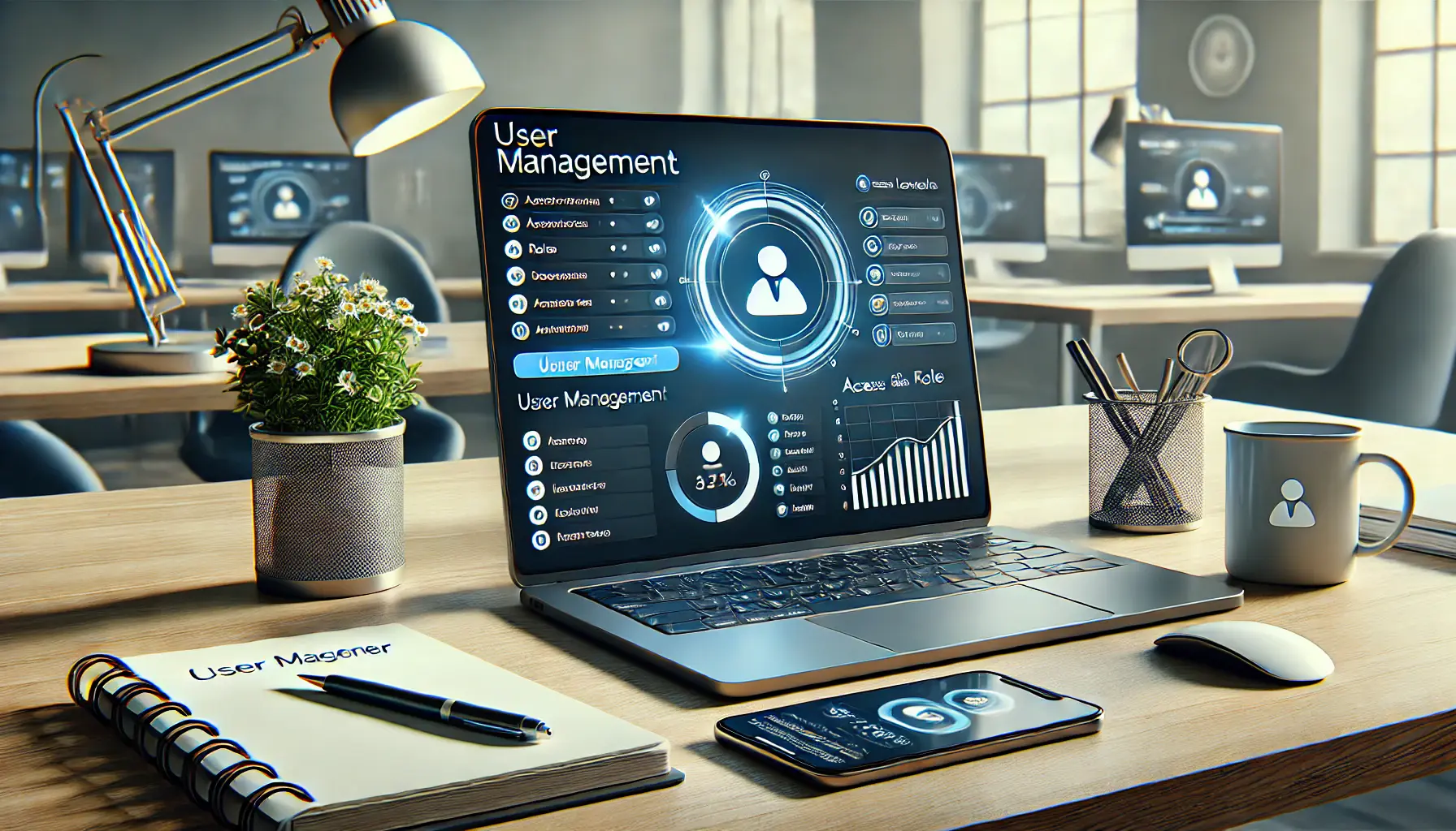 A professional office setting showing a laptop displaying user management settings, with a smartphone and notepad nearby, symbolizing good practices in managing users.