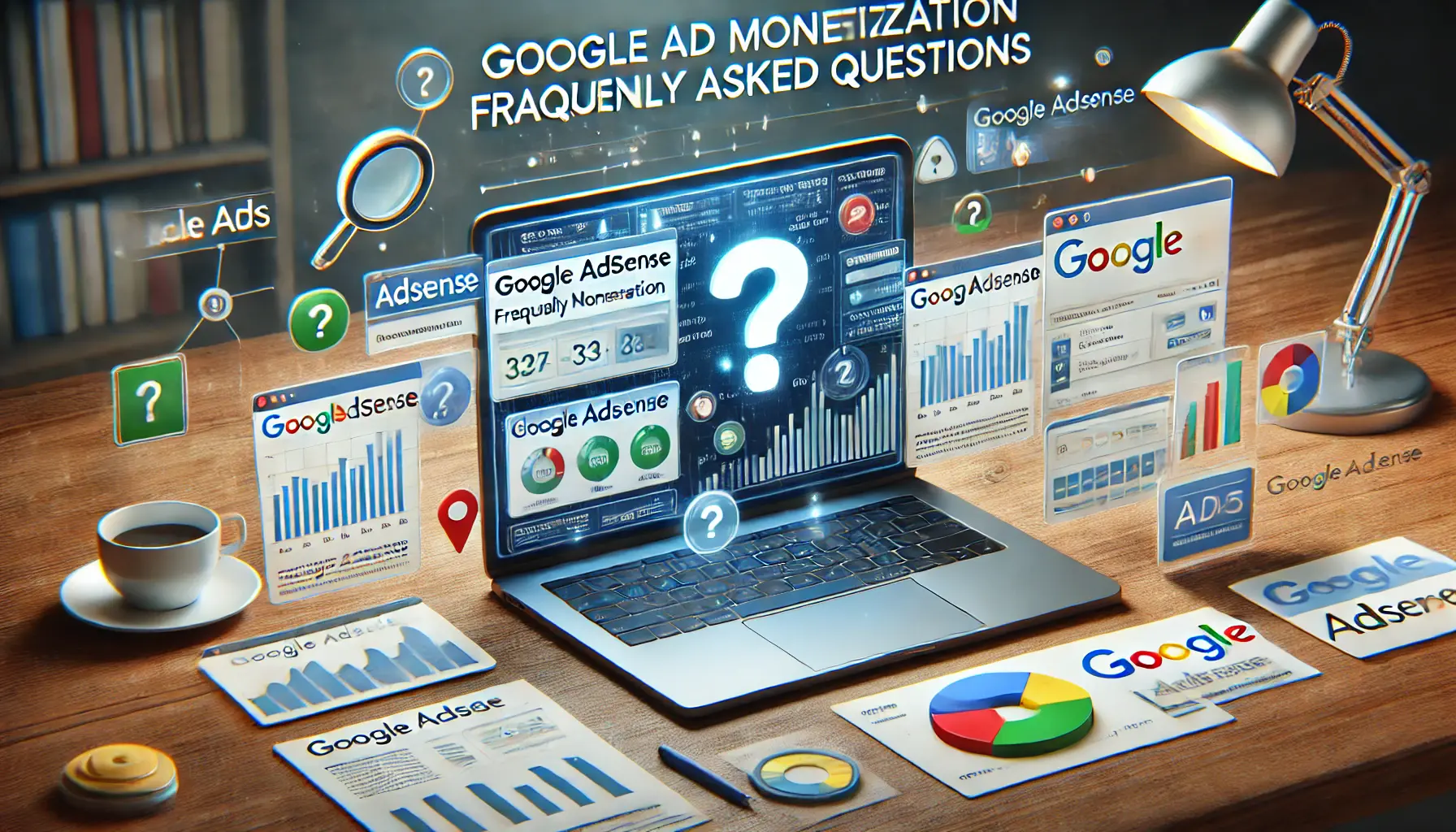 An image showing a laptop displaying Google AdSense performance data, with question marks, data icons, and charts surrounding the screen.