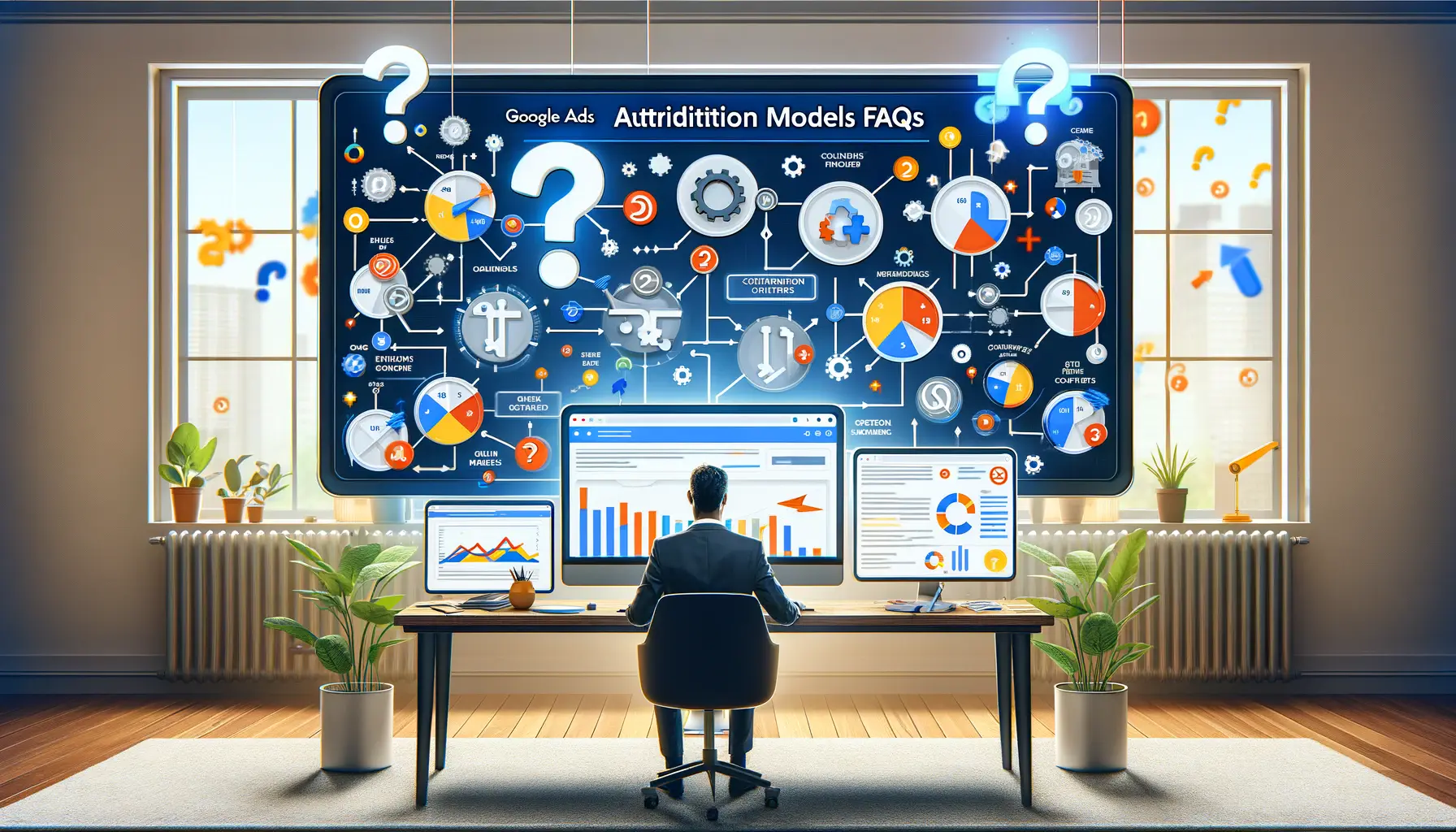 A digital marketing workspace showing a professional analyzing attribution models, performance metrics, and conversion paths, with symbols representing FAQs.