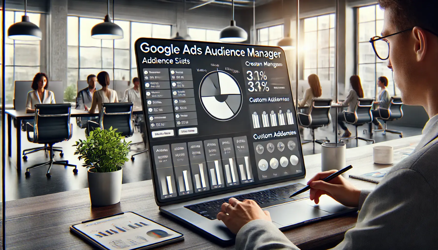 A digital marketer using Google Ads Audience Manager to create and manage audience segments for ad campaigns, with audience lists and segmentation tools displayed on the screen in a modern office.