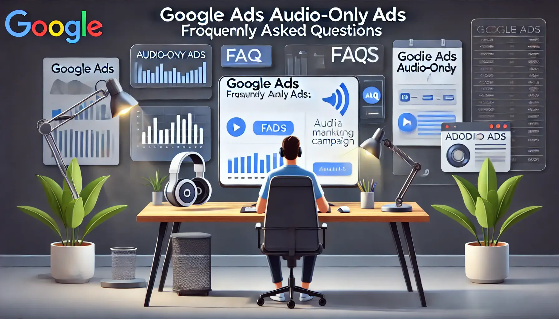 A digital illustration of a person interacting with a computer screen displaying details about Google Ads audio-only ad campaigns in a modern office setting, with headphones and a microphone on the desk.